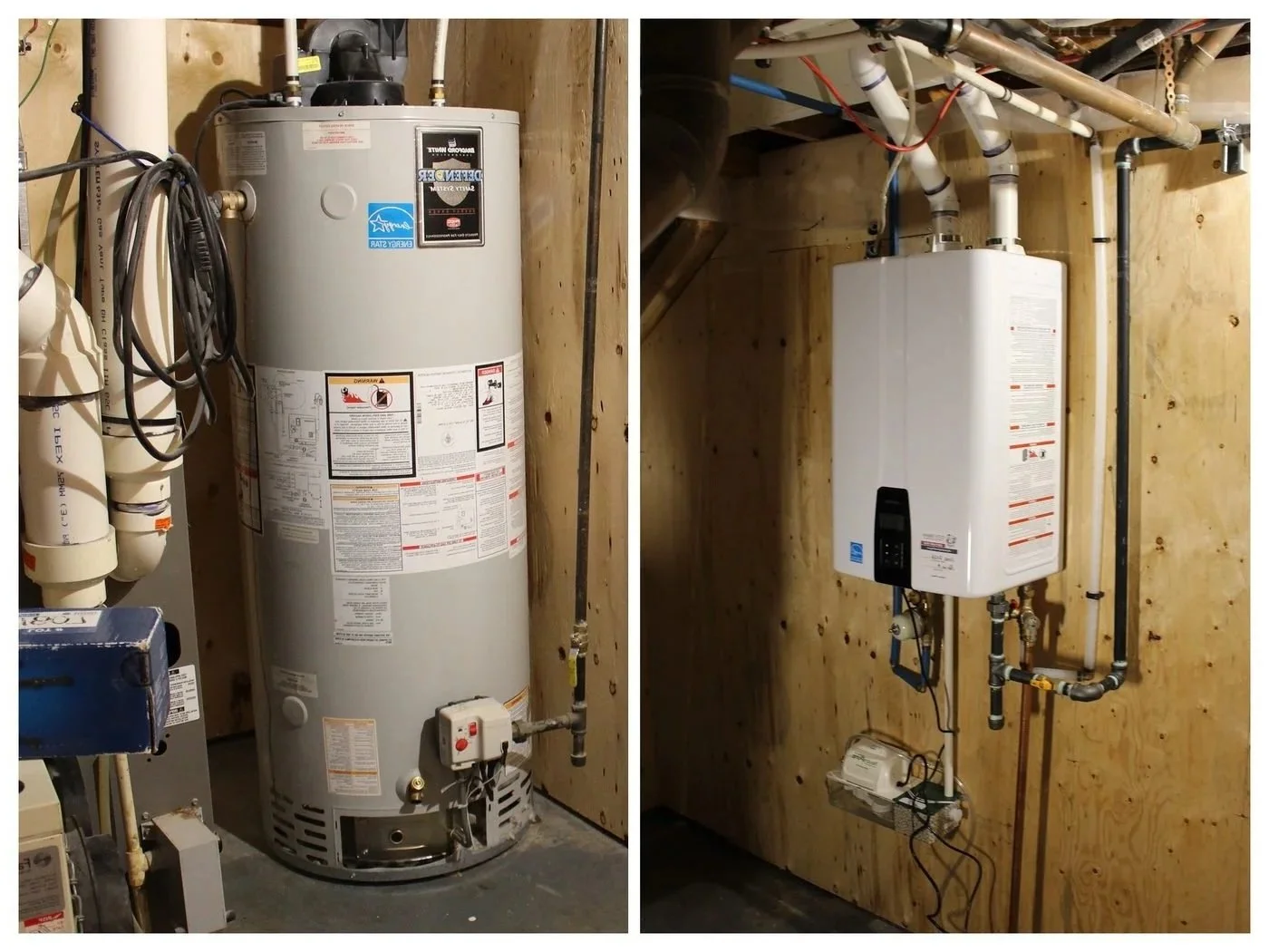 A side-by-side view of a water heater and a tankless water heater installed in a utility room with wooden walls.