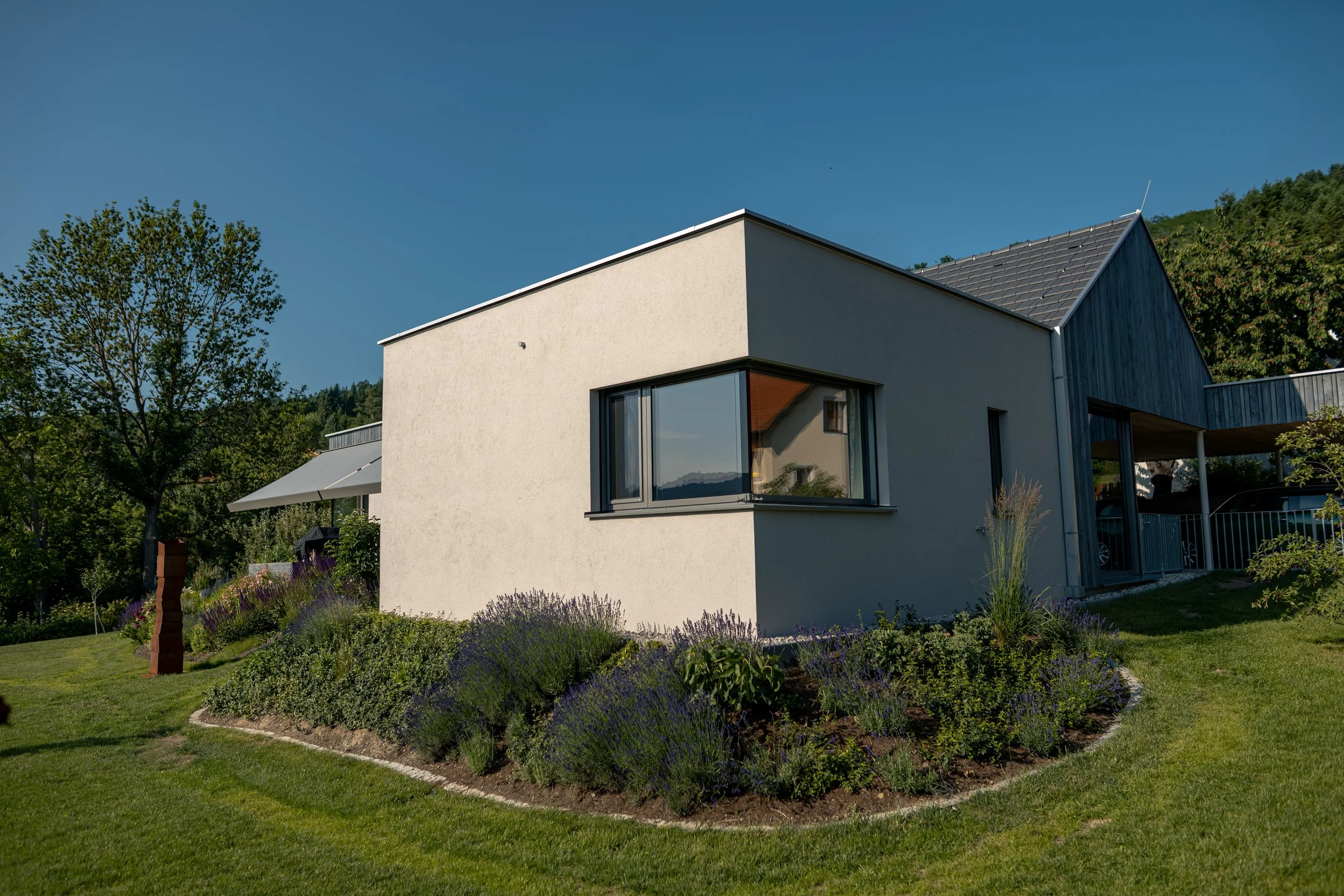 Modernes Haus mit Garten, blühenden Pflanzen und klarem Himmel.