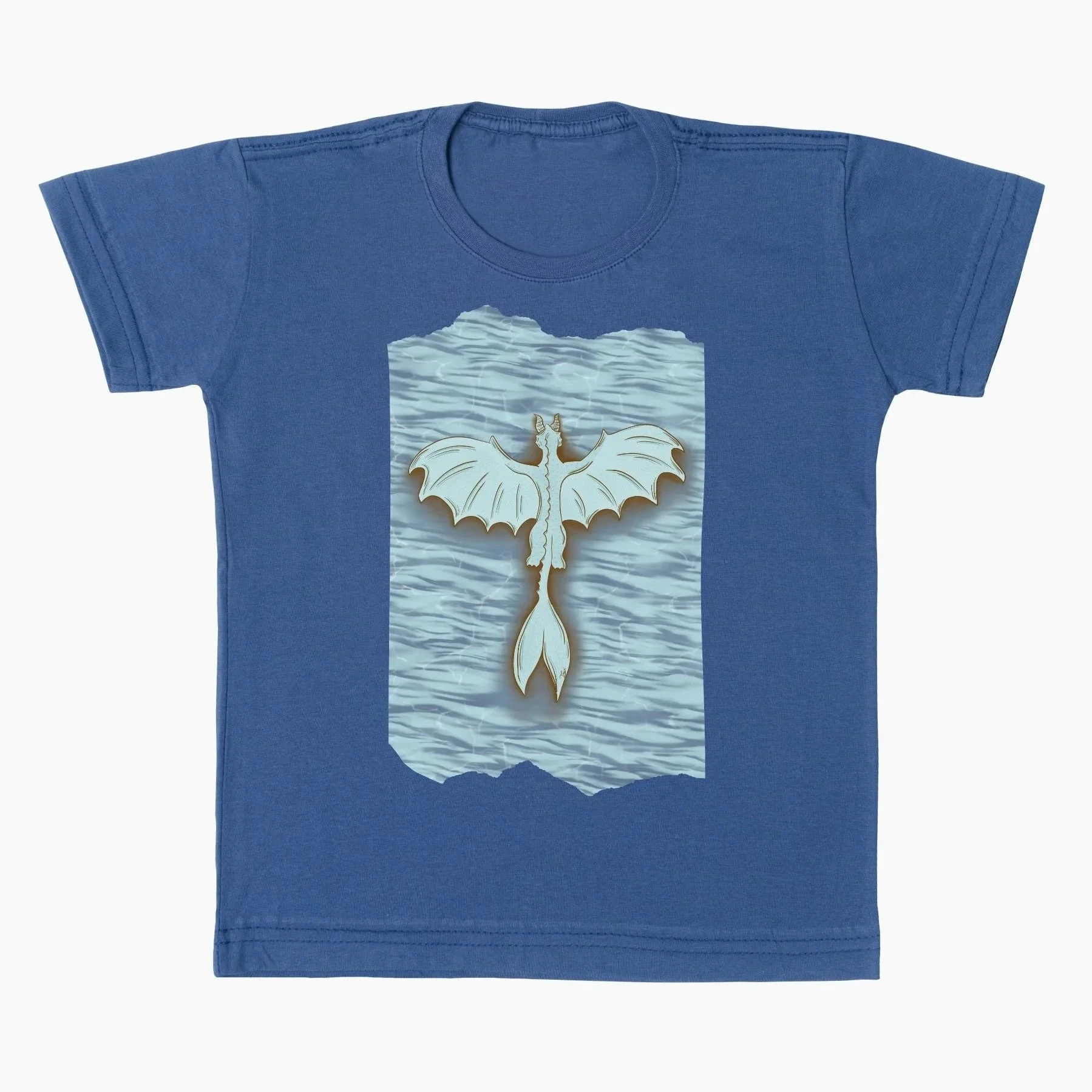 Blue T-shirt with a design of a winged dragon over a torn paper textured background.