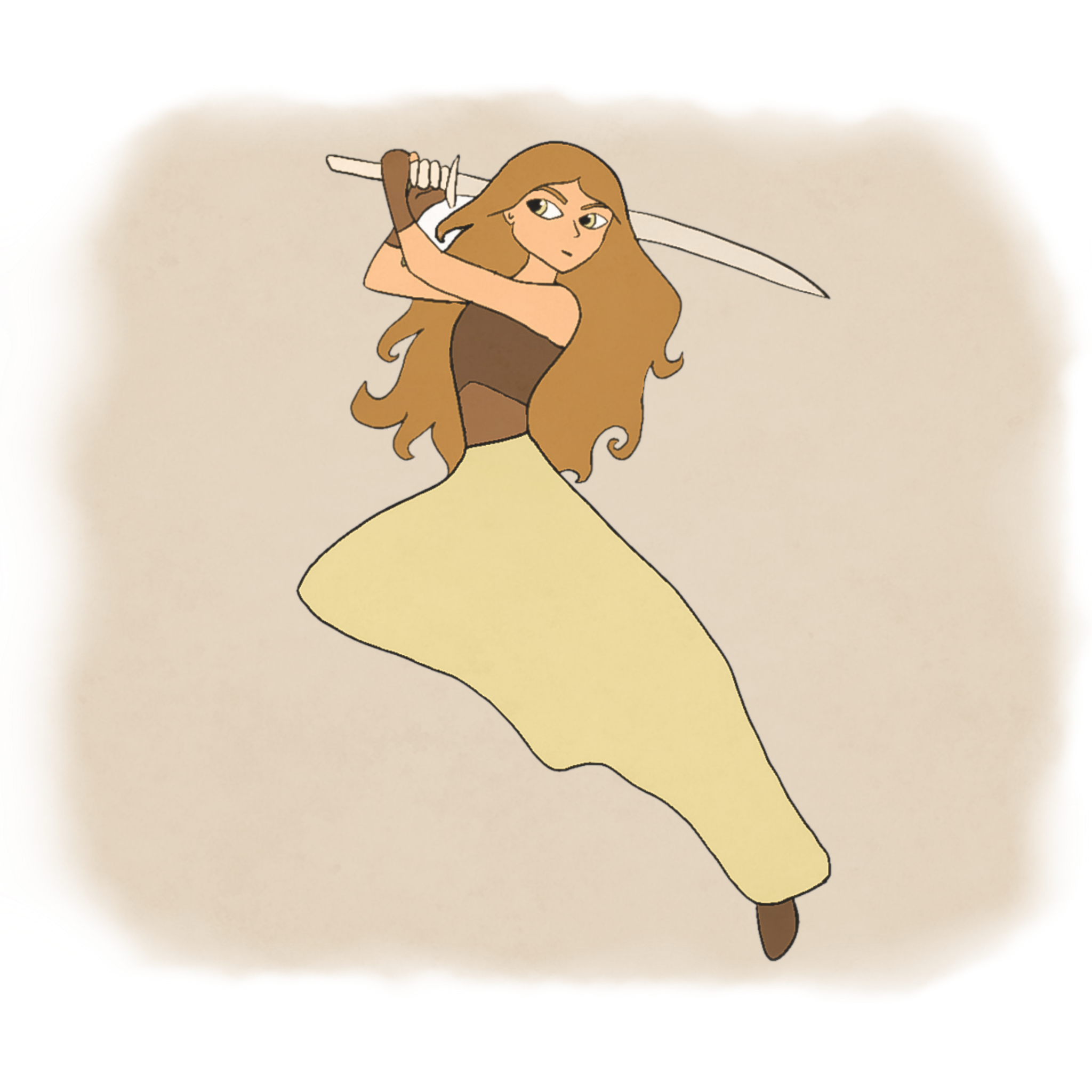 Animated female character with long brown hair holding a sword in a fighting stance, wearing a brown top and flowing yellow skirt.