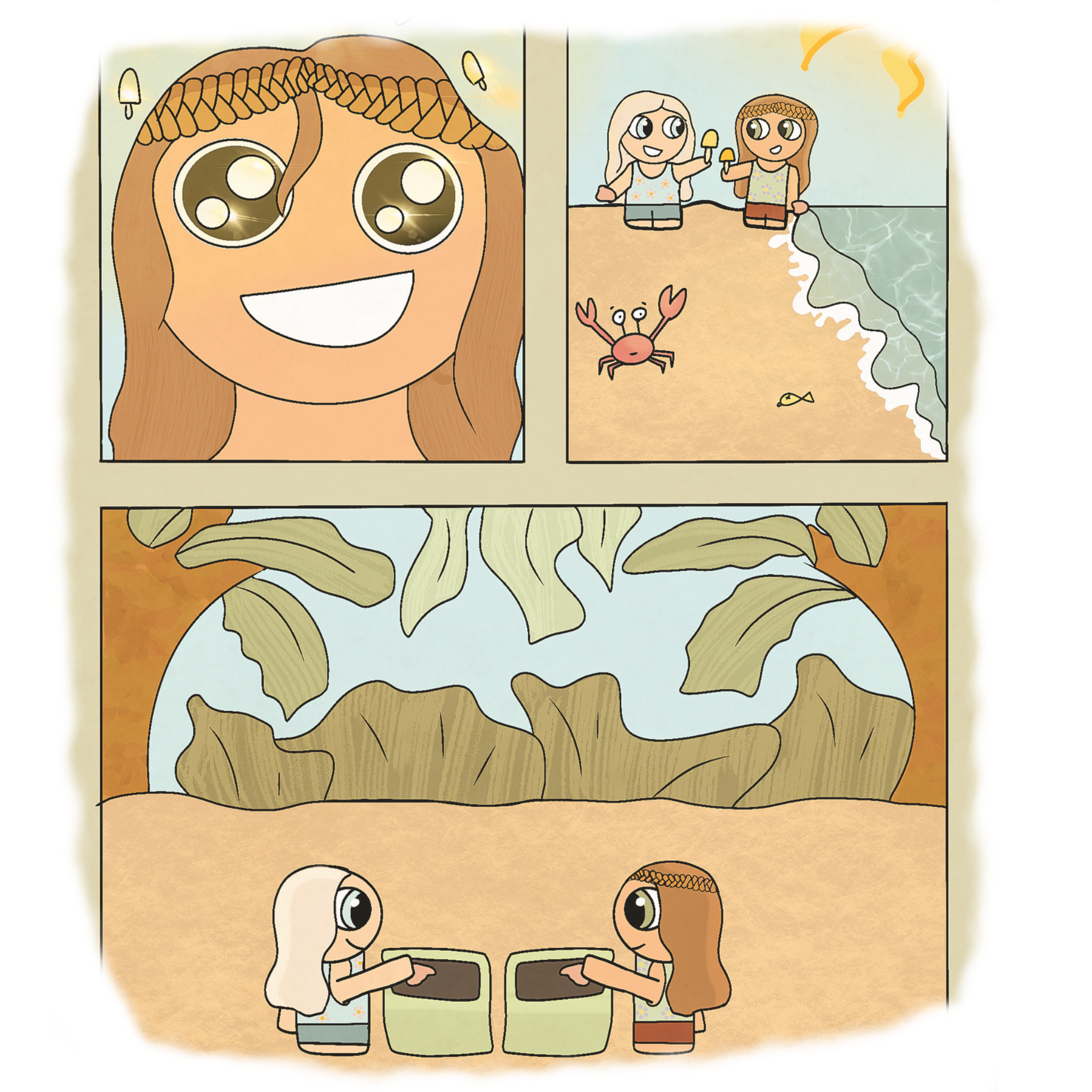 Children exploring nature, observing at the beach, and pointing at plant roots.