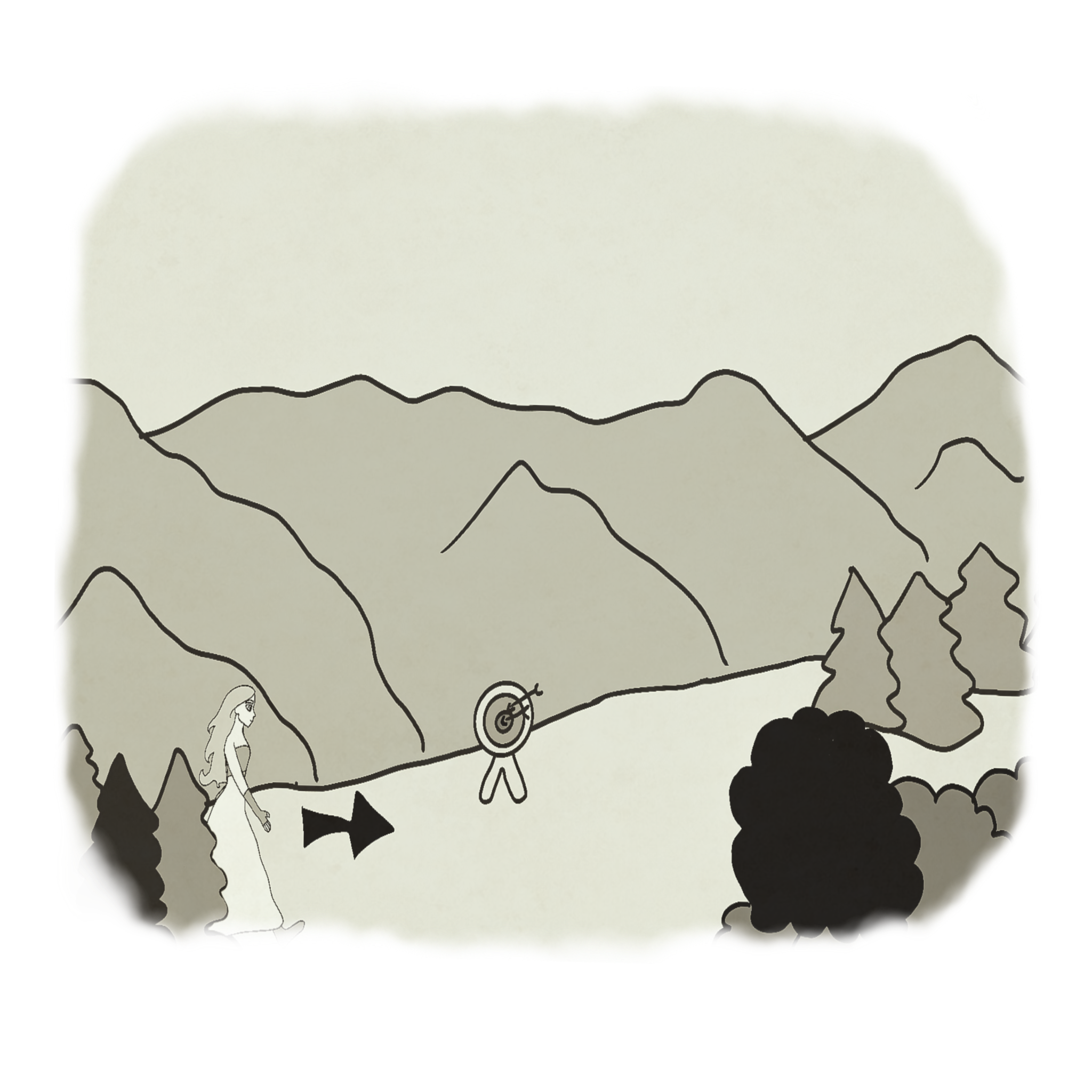 Line drawing of a person walking along a trail in a mountainous landscape with trees and a target at the center of the path.
