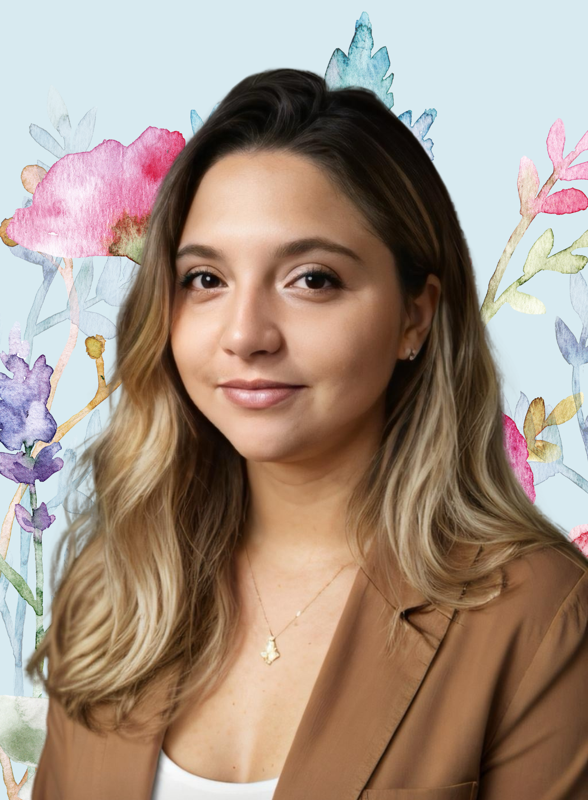 A woman with long, wavy blonde hair, wearing a tan blazer and a gold necklace, smiling softly in front of a light blue background with colorful watercolor flowers.