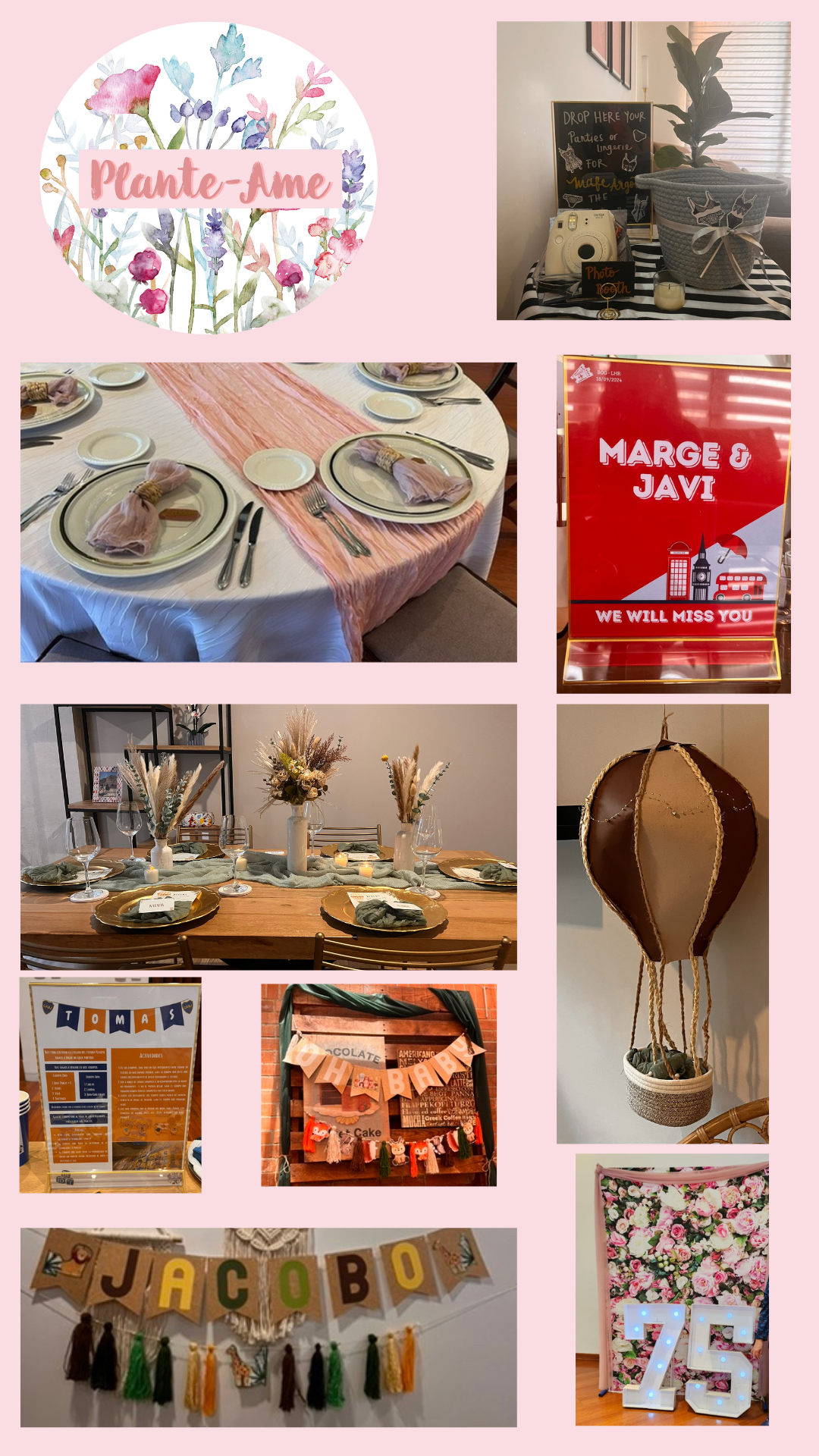 A collage of decor and table settings for a celebration, including floral-themed signage, a photo booth corner, a red-themed sign that says 'Marge & Javi,' elegant table settings with flowers and candles, a poster with activity details, a baby shower banner spelling 'JACOB,' and large illuminated number '75' with floral background.