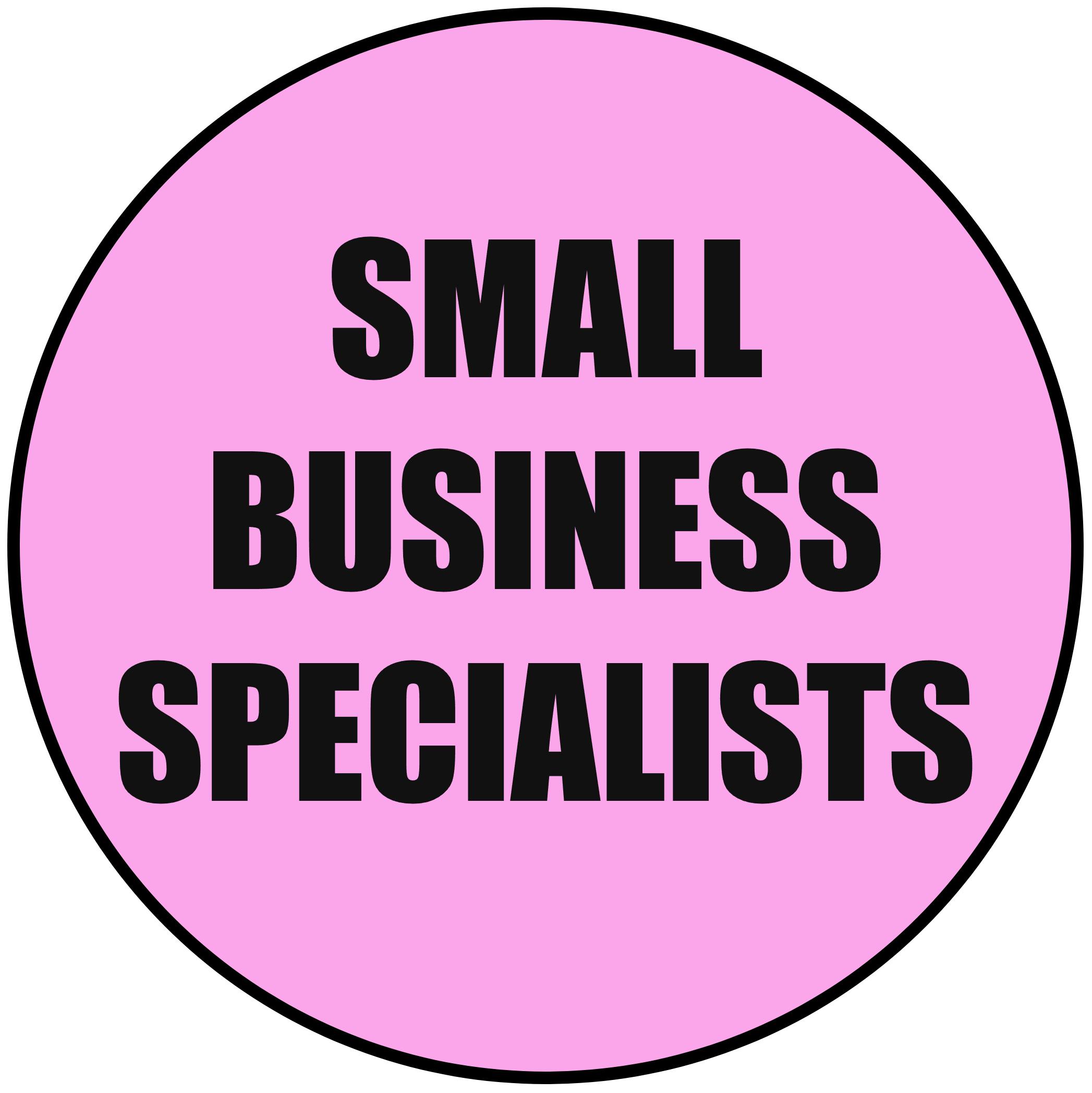 Pink circular badge with black text that reads 'Small Business Specialists'.