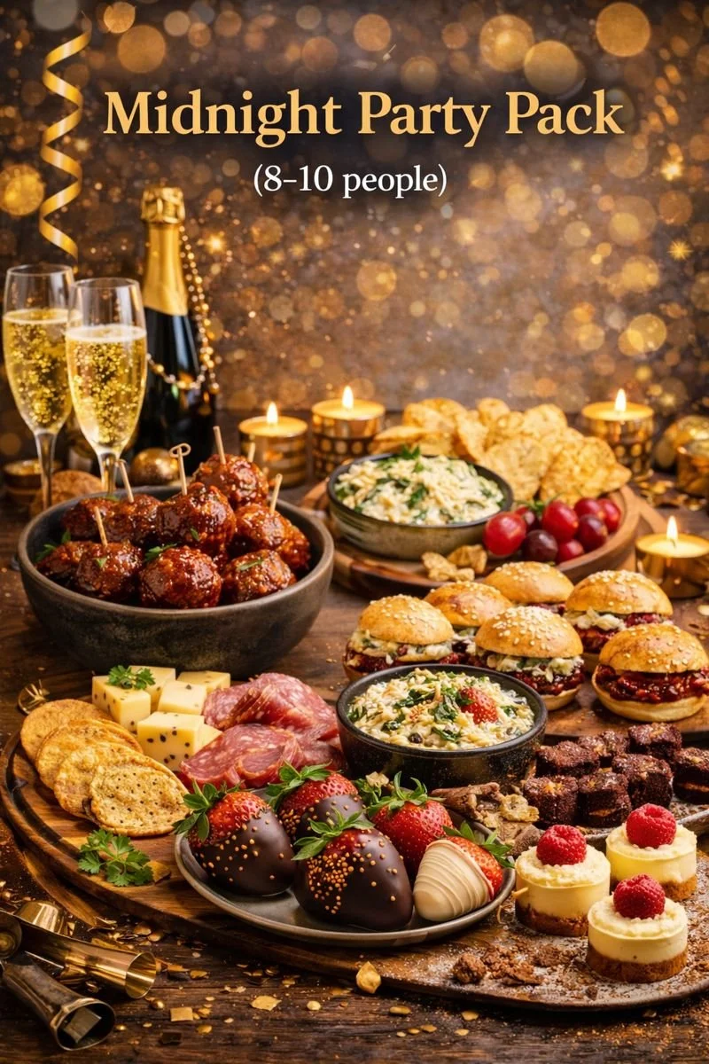 10 Person Party Pack: Wings x 24 (choice of sauce) Queso x ½ pan (classic or cajun) Sliders x 20 (muffaletta, ham & swiss or pulled pork)  Dessert (brownie bites x 20 or mini cheese cakes x 10)