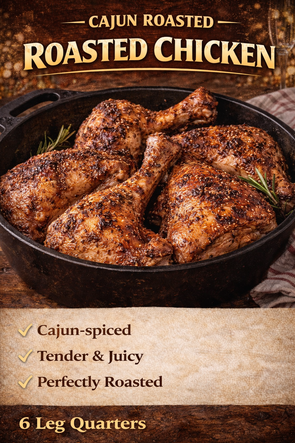 Roasted Chicken: 6 roasted leg quarters