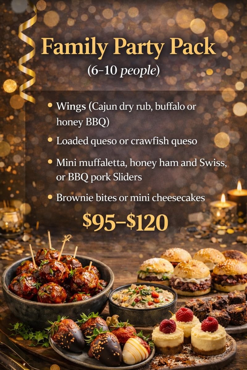 6 Person Midnight Package: Wings (choice of sauce) x 16 Sliders (muffaletta, ham and swiss or pulled pork) x 14 Queso (classic or Cajun) x ¼ pan Dessert of choice (brownie bites x14 or cheesecake x 6)