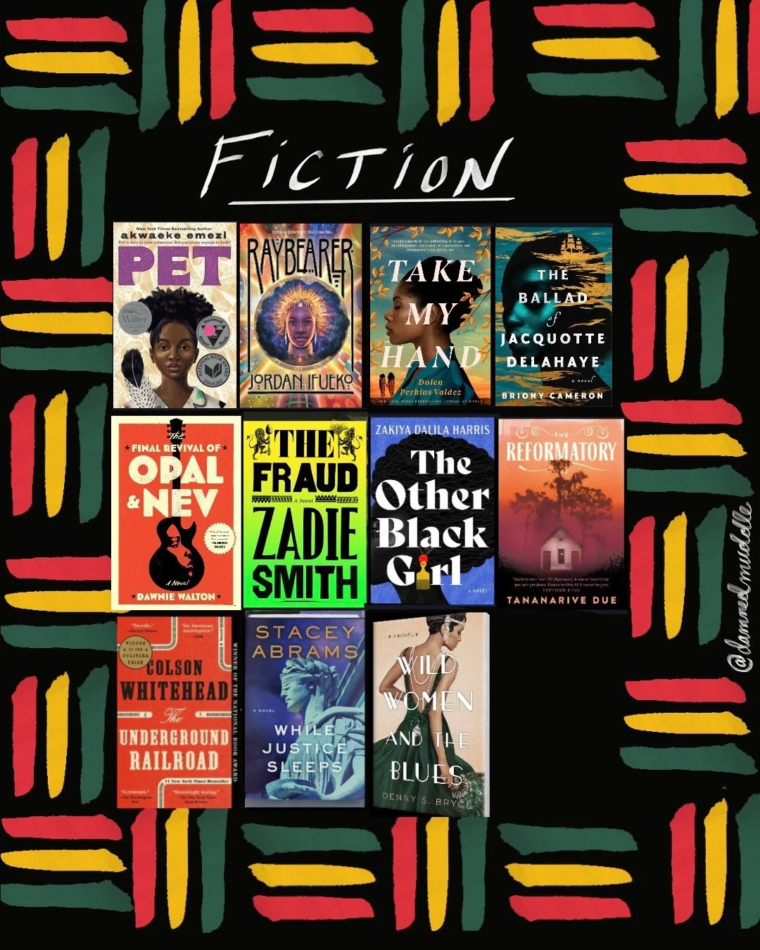 Illustration of red, yellow, and green lines on a black background with pictures of book covers