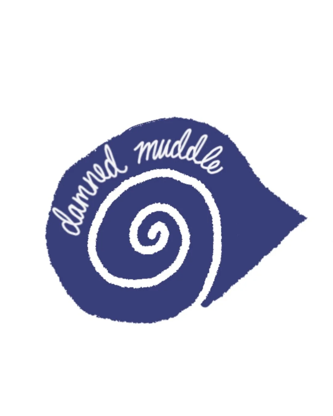 Ilustration of a blue shell with white hand lettering that reads, "Damned Muddle"