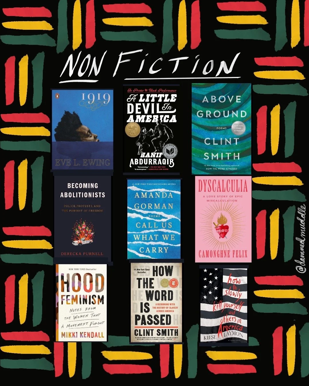 Illustration of red, yellow, and green lines on a black background with pictures of book covers nonfiction books by Black authors