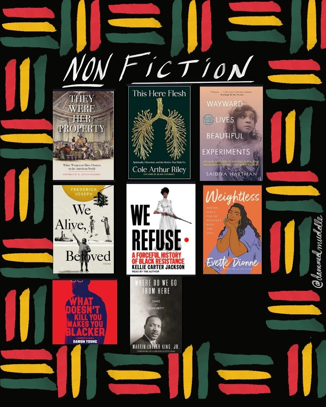 Illustration of red, yellow, and green lines on a black background with pictures of book covers nonfiction books by Black authors