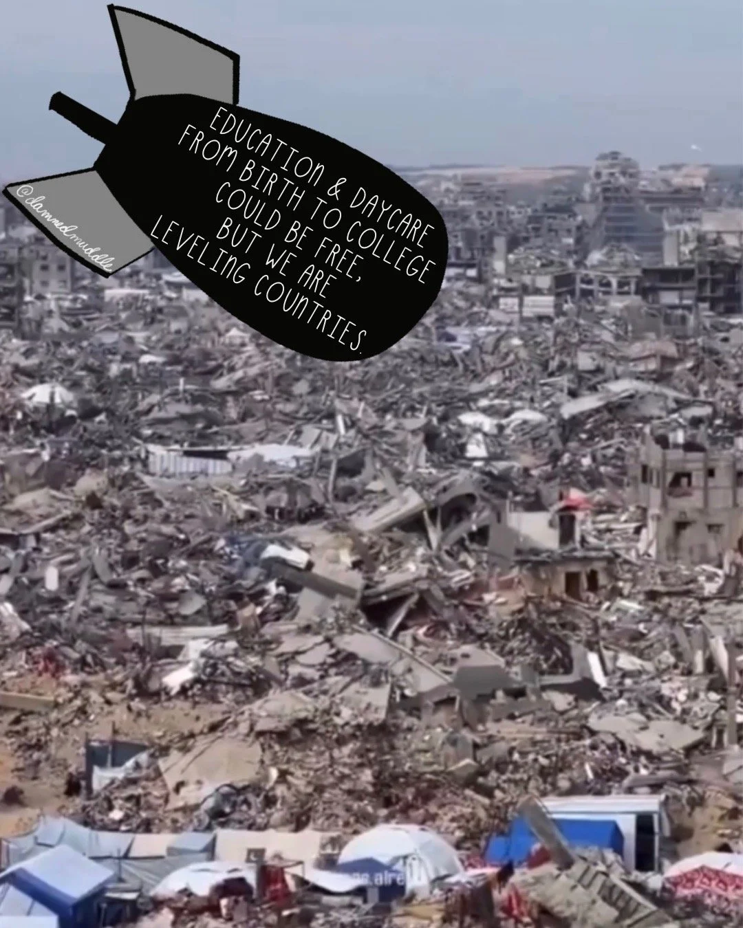 Picture of destroyed Palestine with an illustration of a bomb above it