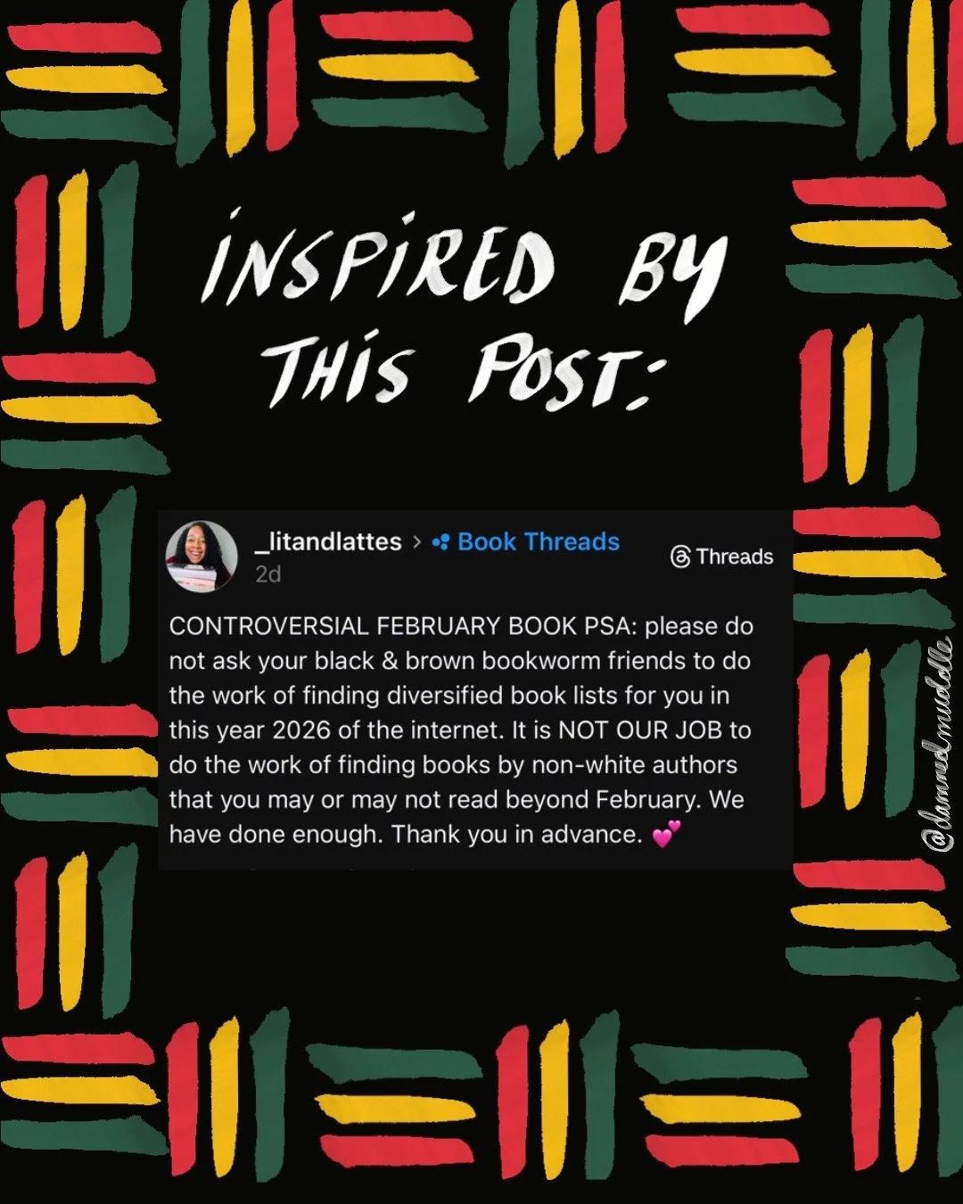 Illustration of a border with red, yellow, and green lines on a black background with white hand lettering and a thread