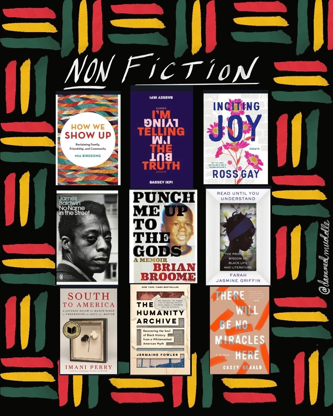 Illustration of red, yellow, and green lines on a black background with pictures of book covers nonfiction books by Black authors