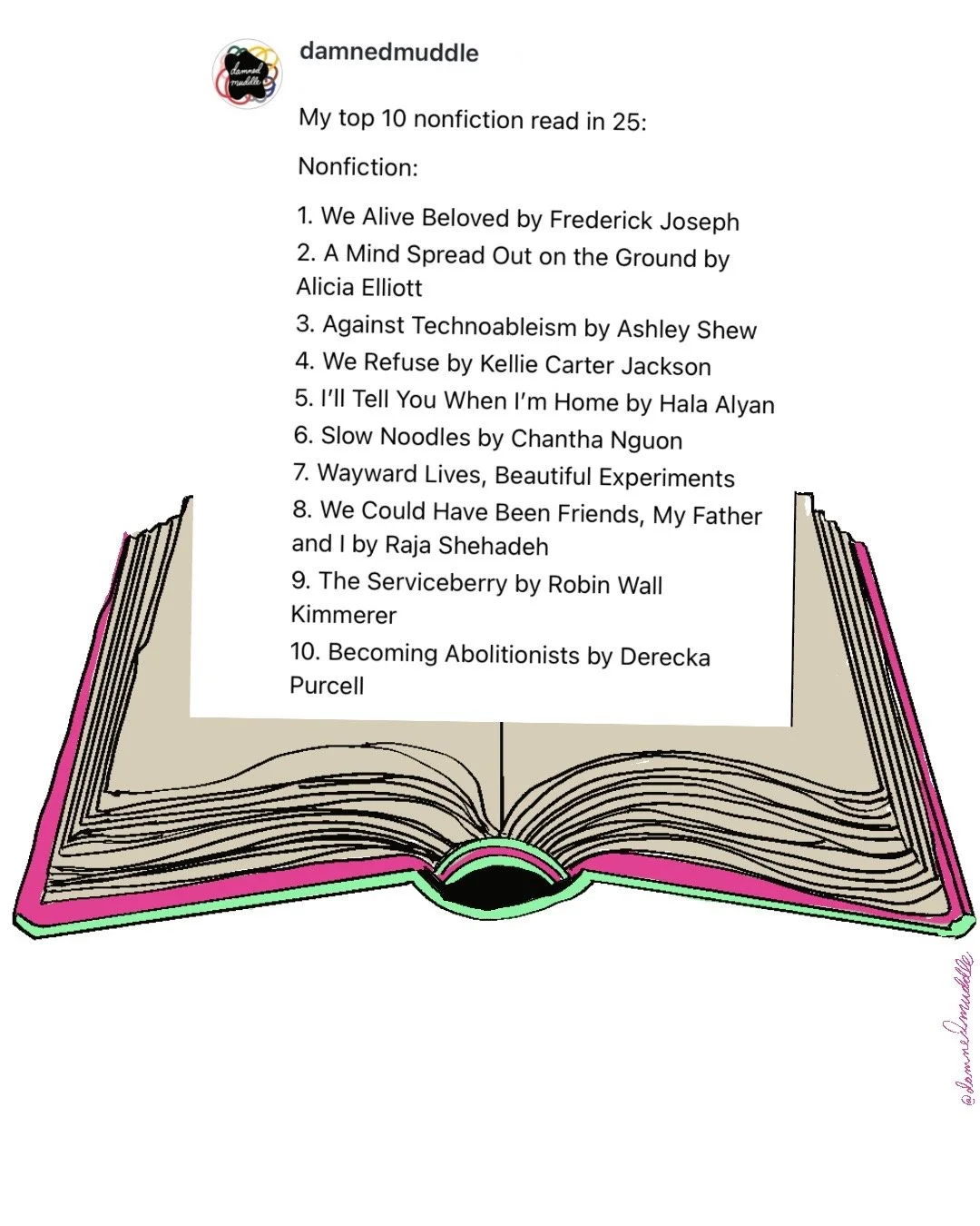Illustration of an open book with a thread of my top 10 nonfiction reads of 2025