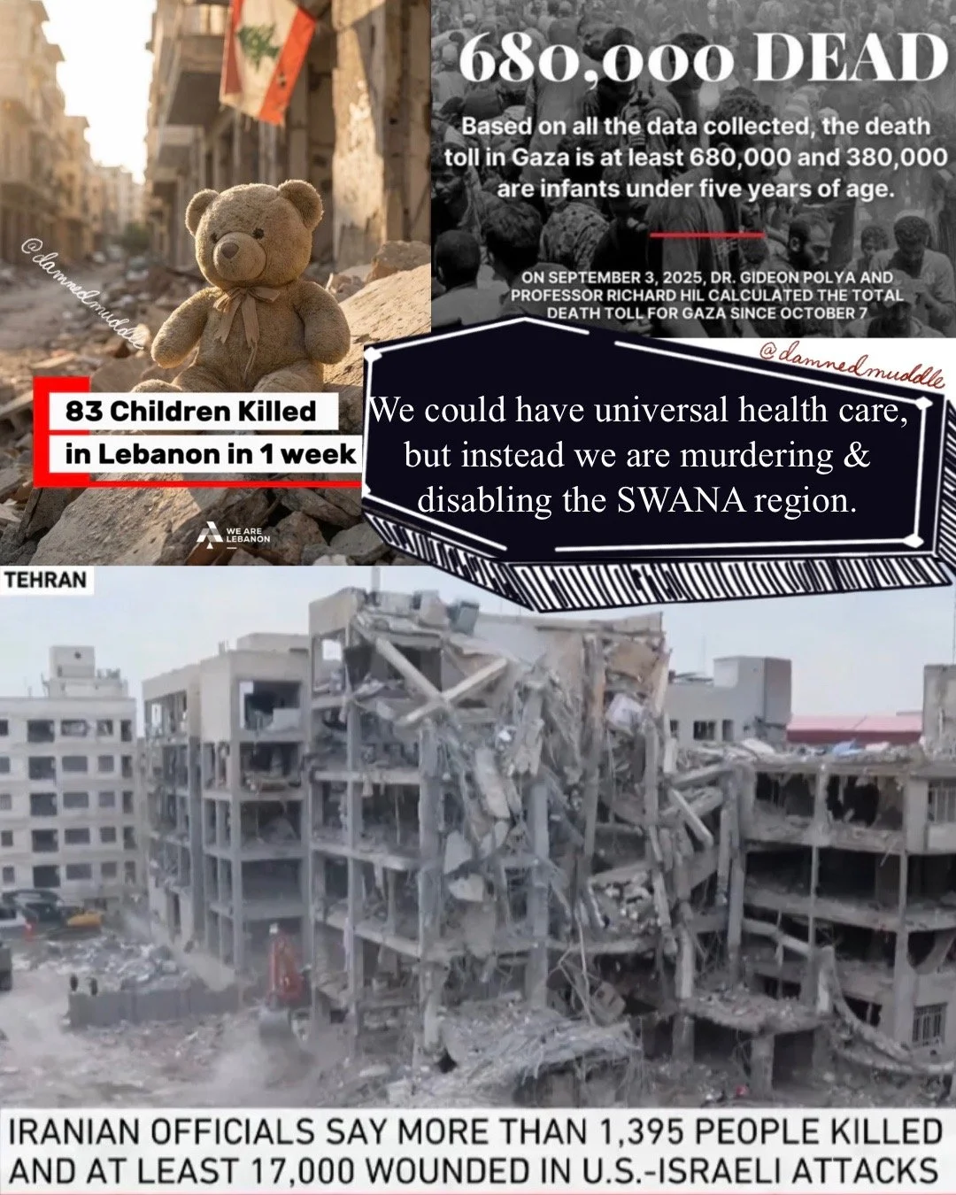 pictures of death tolls in Lebanon, Palestine, and Iran with added illustrations