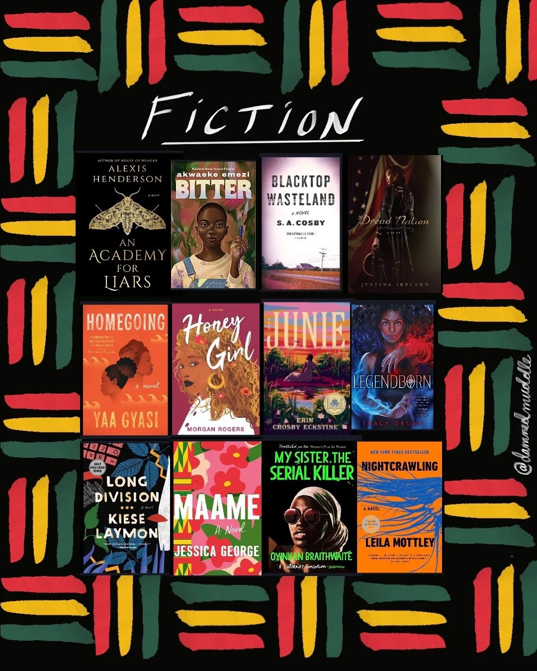 Illustration of red, yellow, and green lines on a black background with pictures of book covers