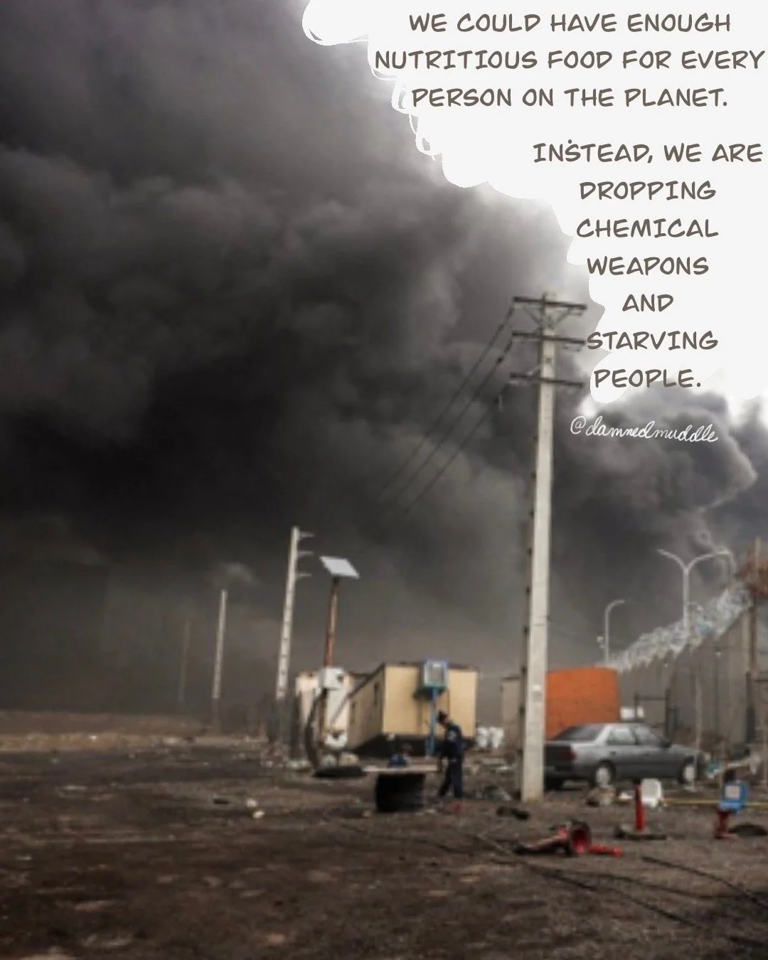 Picture of destruction in the SWANA region with an illustration and writing about what we could have instead