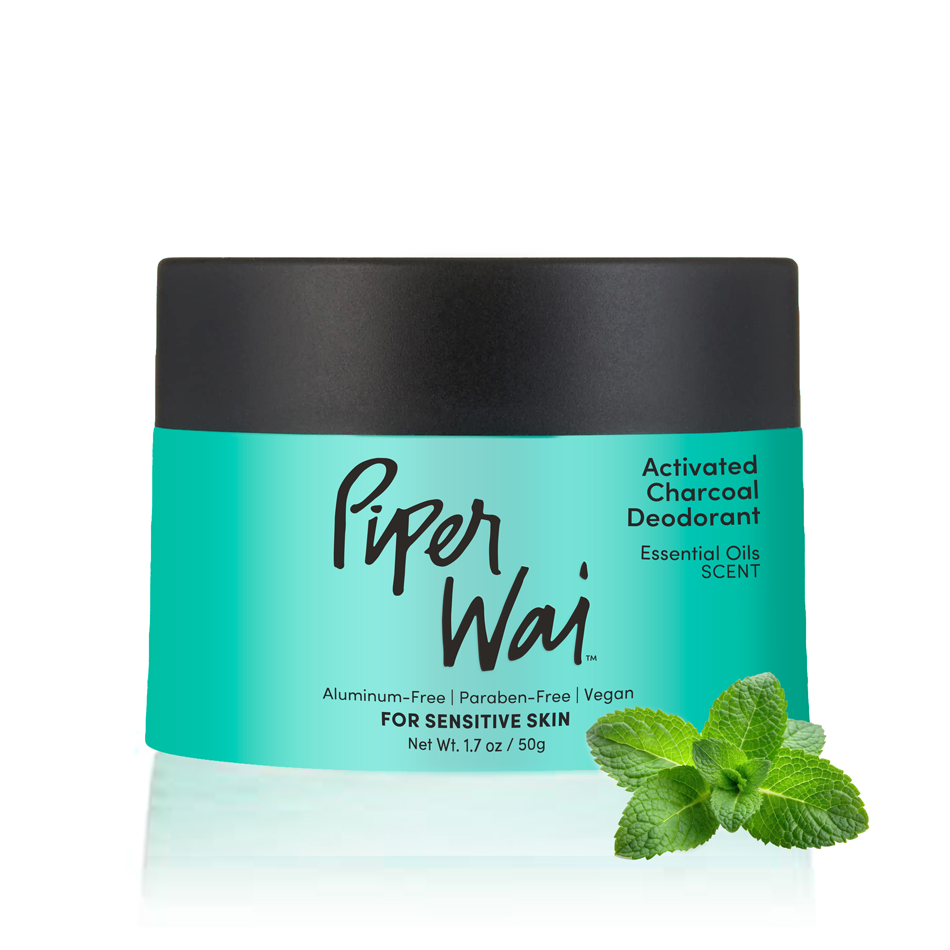 PiperWai activated charcoal deodorant jar with mint leaves, aluminum-free, paraben-free, vegan, for sensitive skin, essential oils scent, 1.7 oz.