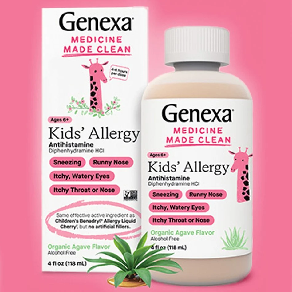 Genexa Kids' Allergy medicine box and bottle on a pink background, featuring a giraffe illustration, labeled for ages 6+, with benefits like sneezing and runny nose relief. Contains organic agave flavor and is alcohol-free.