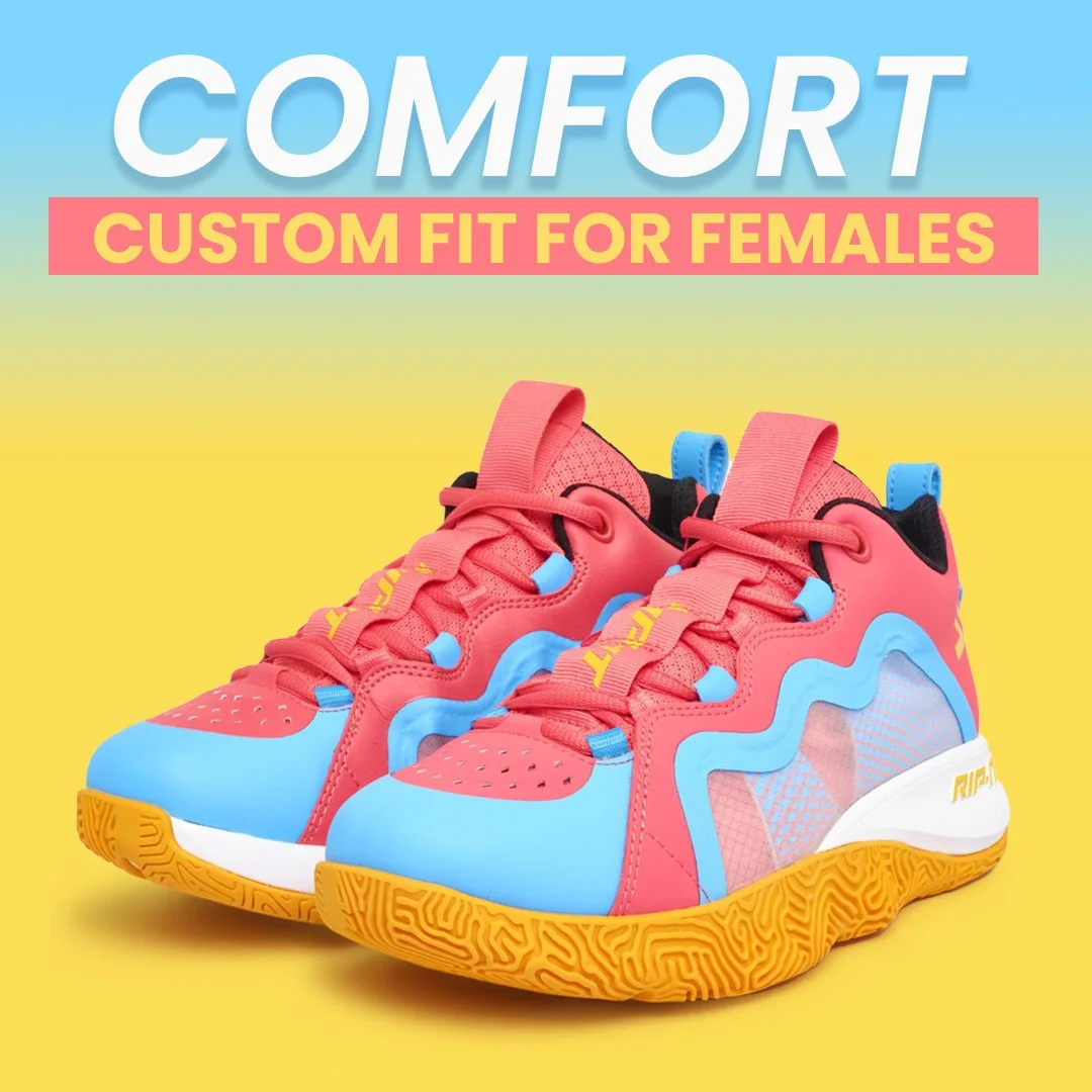 Colorful athletic shoes with blue and pink design, featuring vibrant yellow soles. Text reads "Comfort: Custom Fit for Females" against a gradient background.