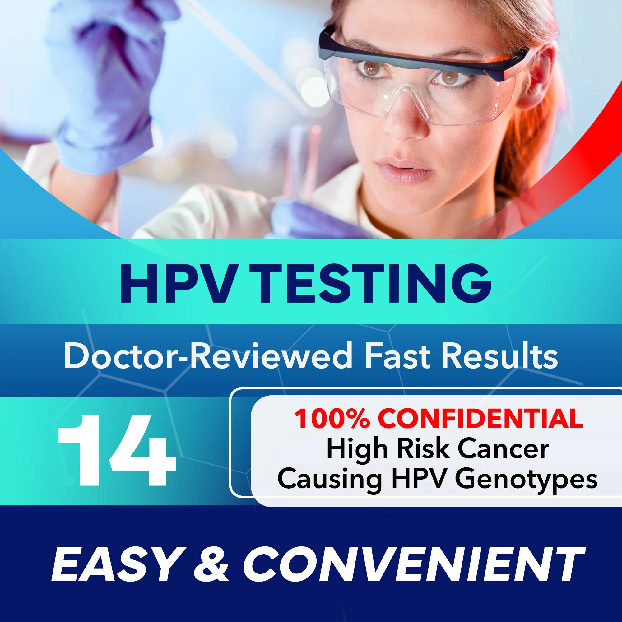 HPV testing advertisement with woman in lab holding test tube, showcasing doctor-reviewed fast results, 100% confidential information, and easy convenience.