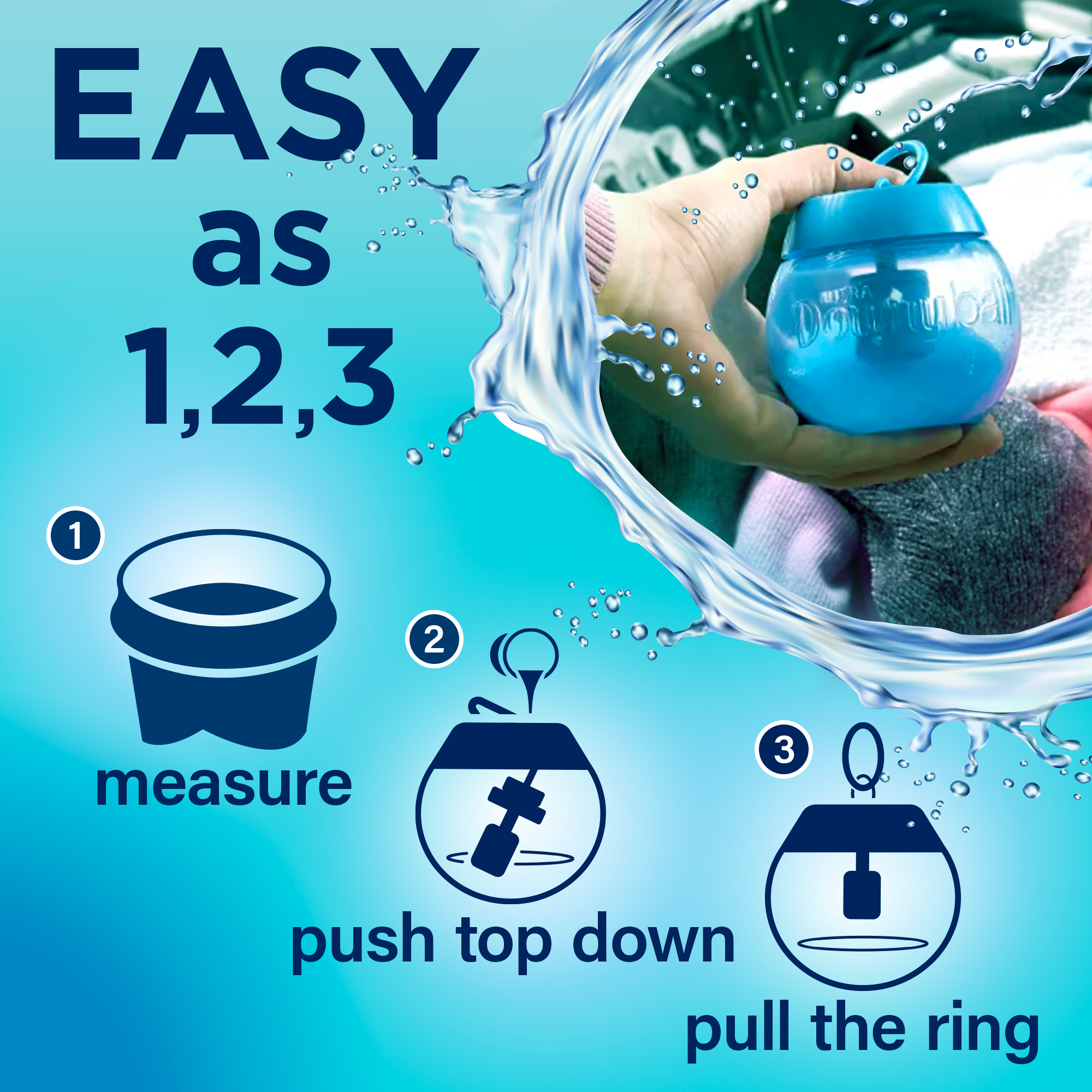 Infographic showing steps for using a blue laundry detergent ball. Step 1: Measure using a cup icon. Step 2: Push the top down with a diagram of pouring detergent. Step 3: Pull the ring with an icon showing a hanging mechanism. The background shows a hand holding the detergent ball, surrounded by a splash of water, accompanied by the text 'Easy as 1, 2, 3.'