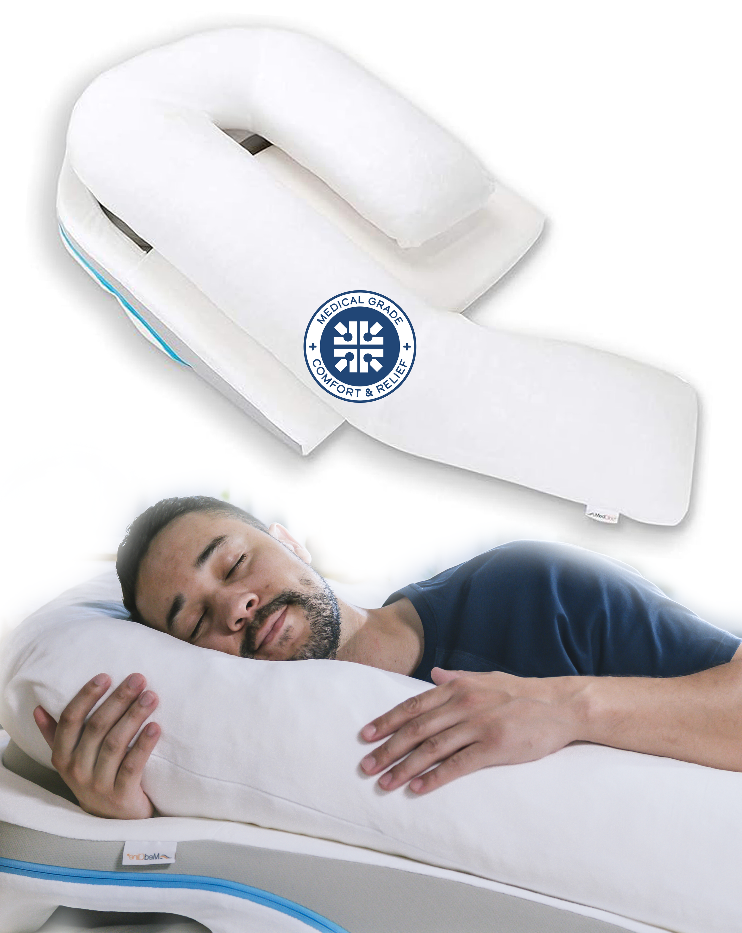 A man sleeping comfortably on a medical-grade orthopedic body pillow, designed for comfort and relief. The upper part of the image showcases the pillow's unique ergonomic design in white fabric.