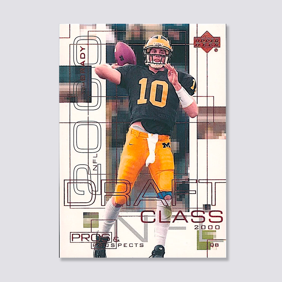 Football trading card featuring a player in a black jersey and yellow pants, throwing a football. The card reads " NFL Draft Class" with "Pros & Prospects" and "QB."