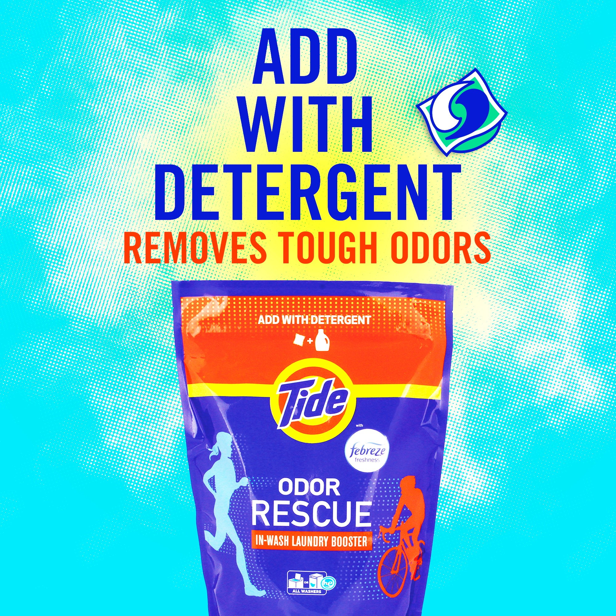 Tide Odor Rescue in-wash laundry booster packaging with text promoting tough odor removal.