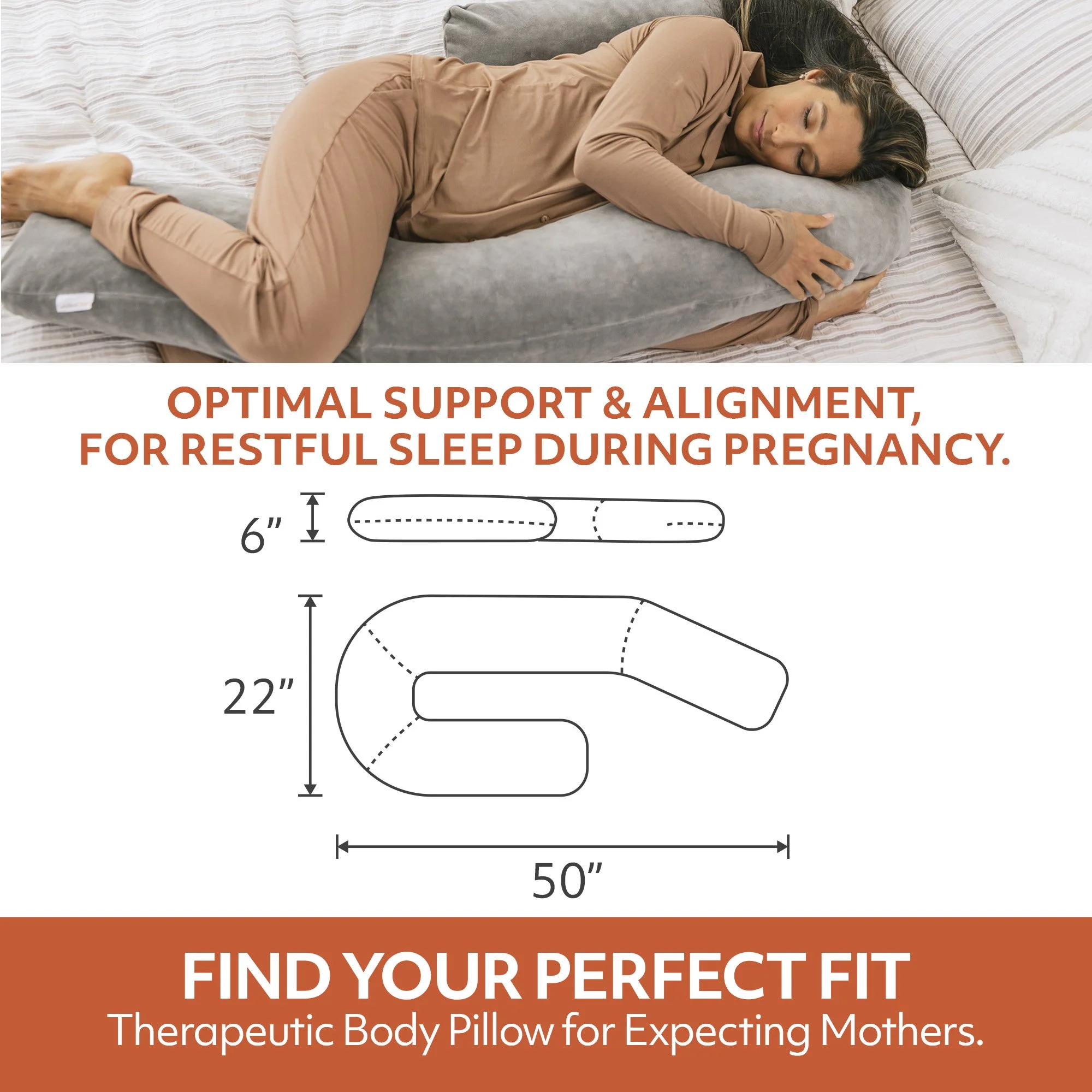 Pregnant woman comfortably resting with a therapeutic body pillow on a bed; dimensions of the pillow and text describing its benefits for pregnancy are shown.