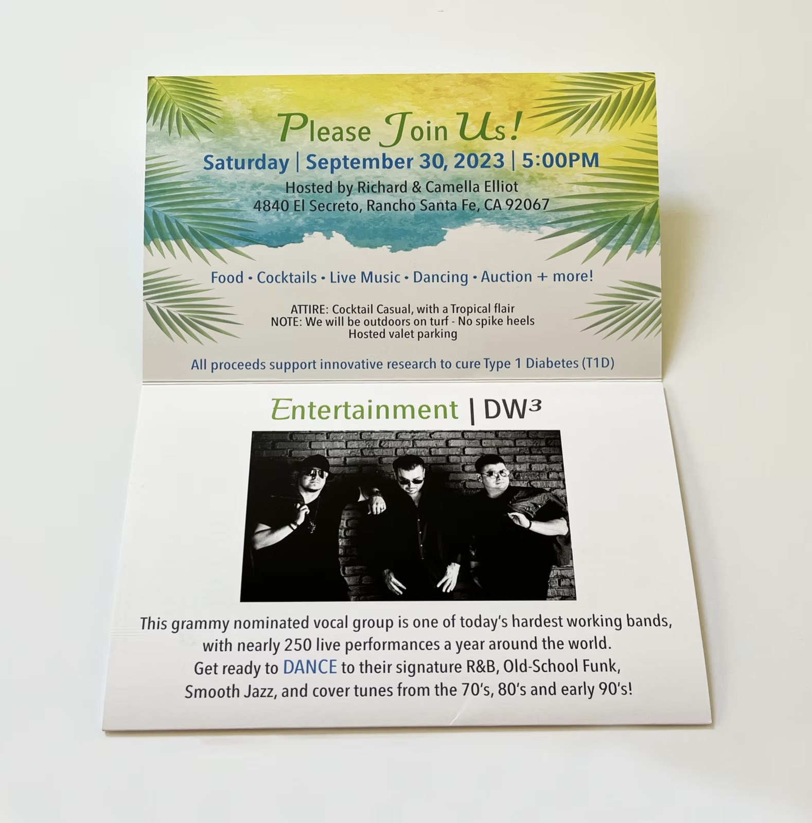 Event invitation for a fundraiser. The event includes food, cocktails, live music, dancing, and an auction. Attendees are advised to wear cocktail casual attire with a tropical flair. Entertainment provided by the vocal group DW3, known for R&B and jazz. Proceeds support research for Type 1 Diabetes.