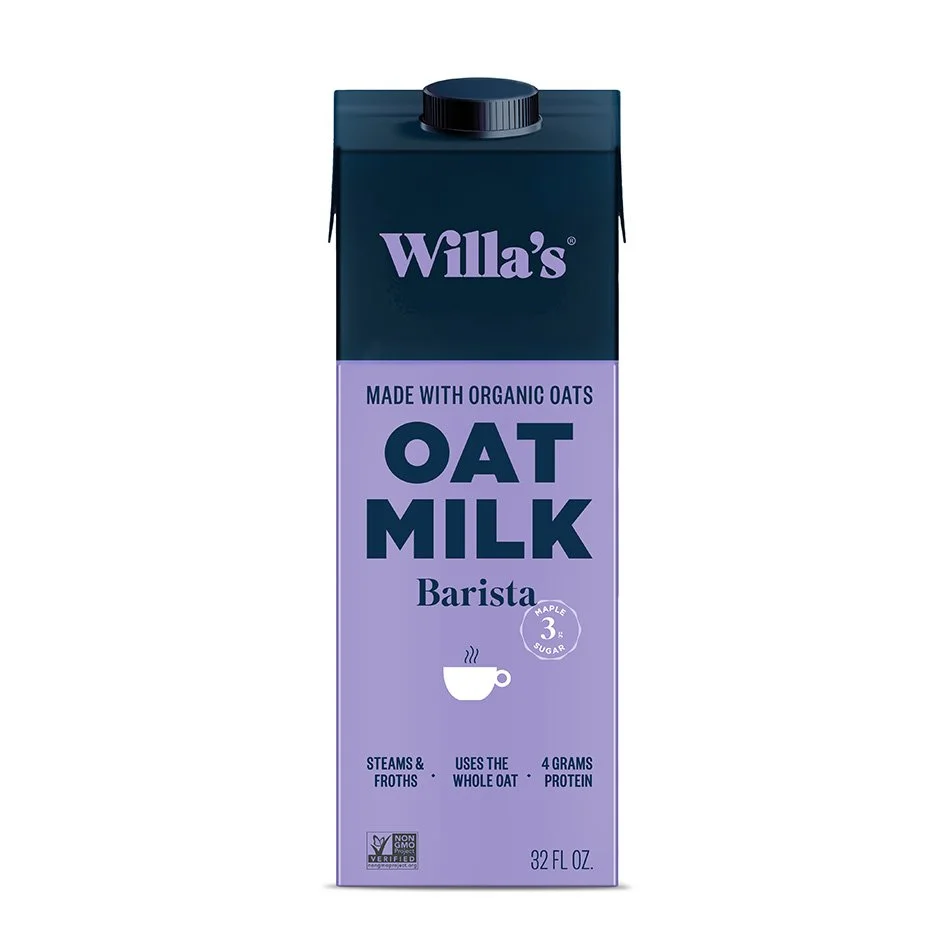 A carton of Willa's Barista Oat Milk, made with organic oats, featuring details like "steams & froths," "uses the whole oat," "4 grams protein," and "3g sugar." The carton is 32 fl oz and non-GMO verified.