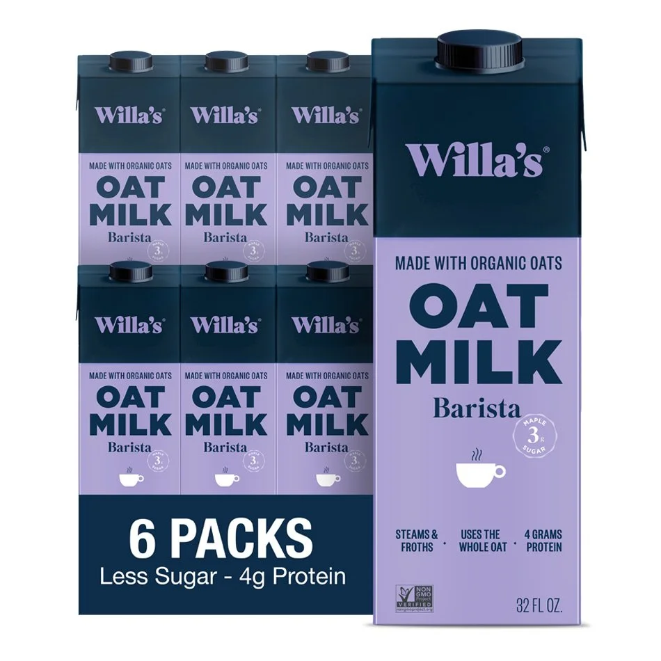 Willa's organic oat milk barista edition six-pack, featuring cartons that highlight attributes like less sugar, 4g protein, steams and froths, and use of whole oat.