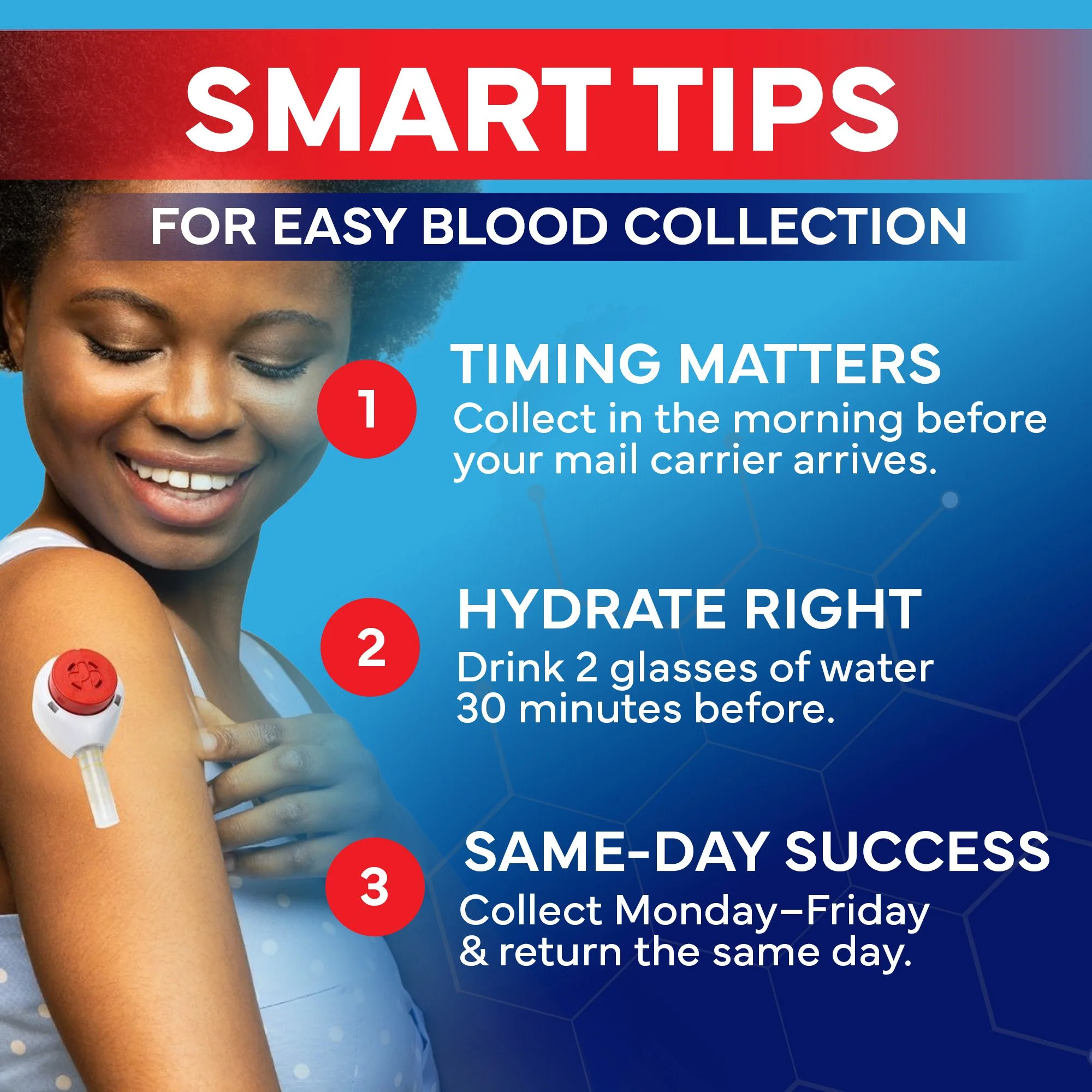 Helpful infographic with blood collection tips including timing, hydration, and same-day return.
