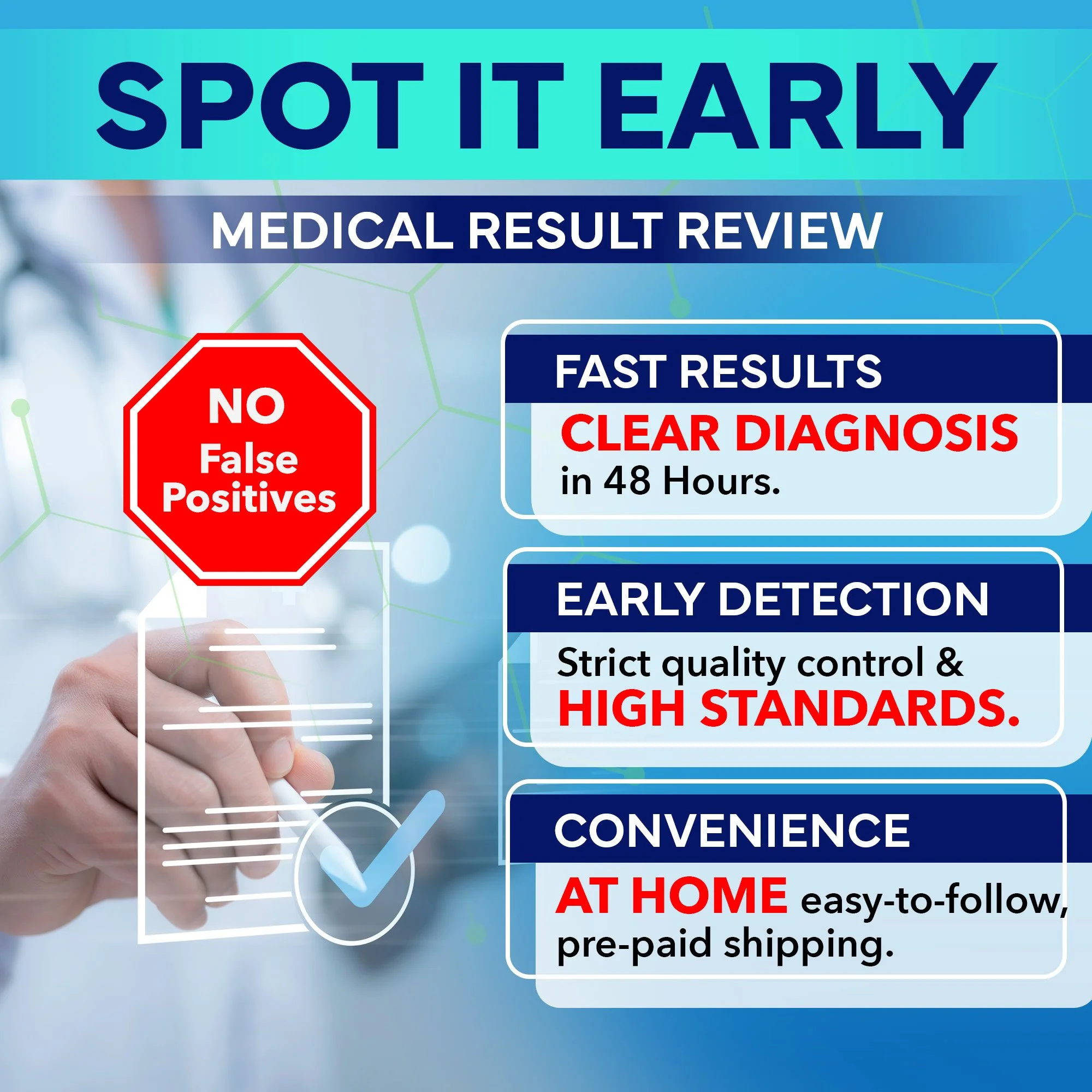 Promotional image for a medical review service with text on early diagnosis, fast results, strict quality control, and home convenience. Features "NO False Positives" sign and highlights clear diagnosis in 48 hours.
