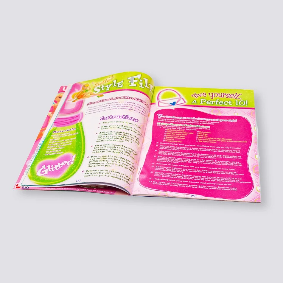 Open colorful magazine pages featuring DIY craft instructions with glitter and a headline 'Give Yourself A Perfect 10!'