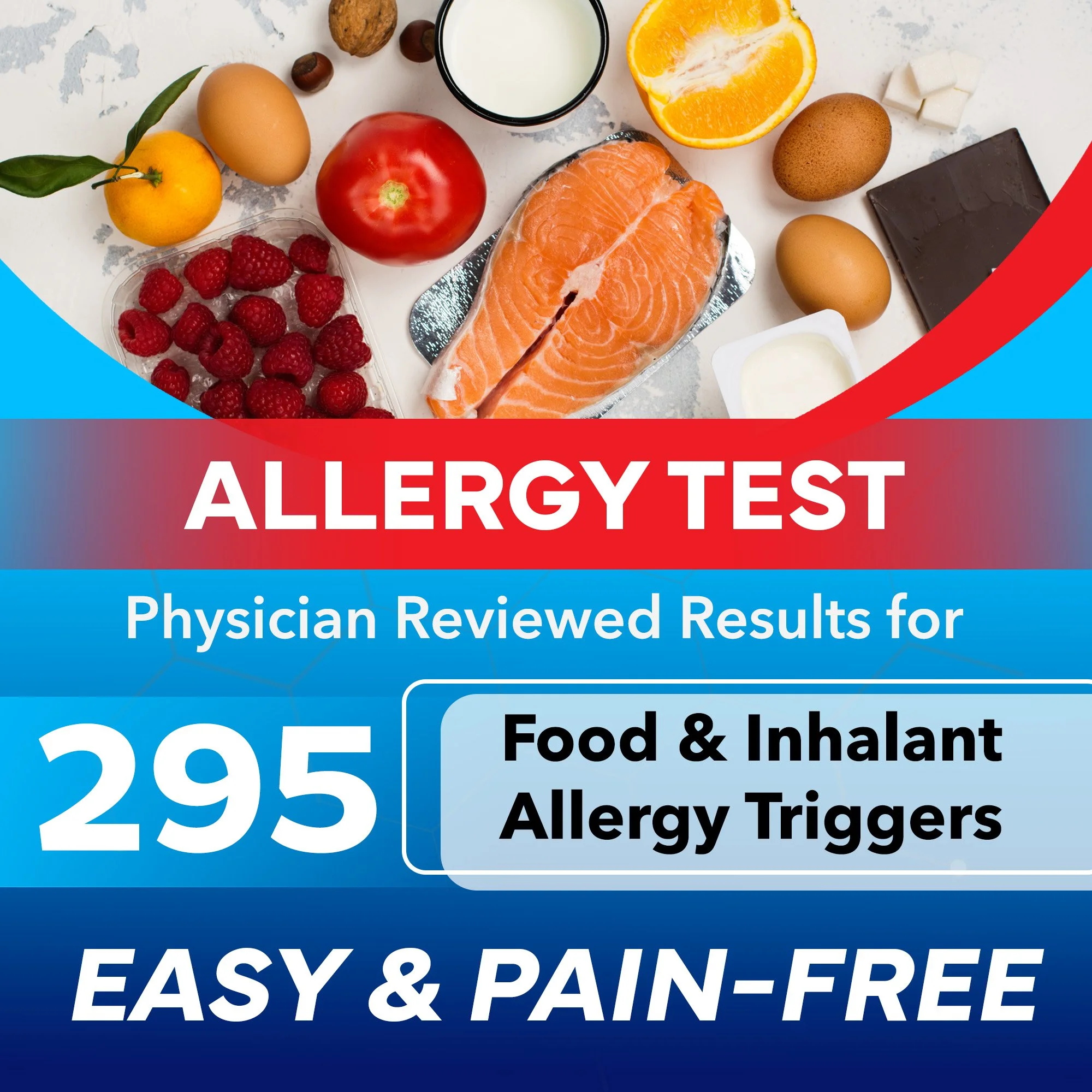 Assorted foods including salmon, raspberries, eggs, milk, tomato, orange, nuts, and chocolate displayed with text promoting an allergy test for 295 food and inhalant triggers, described as easy and pain-free.