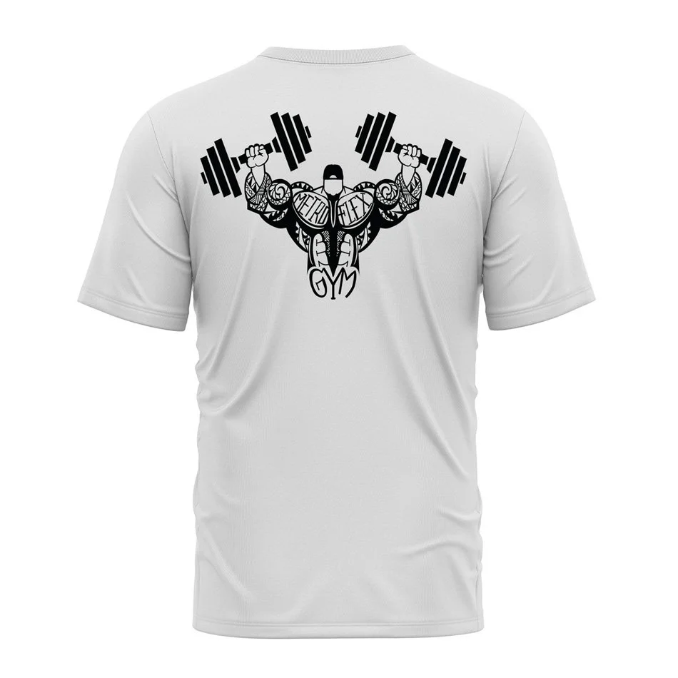 White T-shirt with black cartoon of a muscular figure lifting barbells, text reads "GYM" and intricate designs.