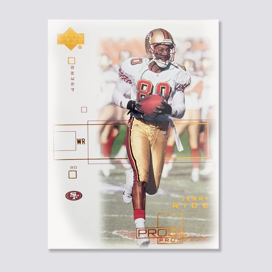 A football player in a San Francisco 49ers uniform holding a football during a game. The player is wearing a gold helmet with a red stripe, white jersey with gold pants, and has the number 80 on the jersey. The background shows blurred players and spectators. The card is branded with "Upper Deck" and labeled "Pro Bowl Prospects."