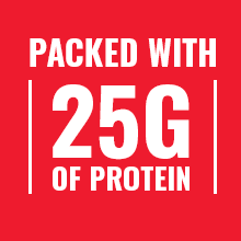 "Packed with 25g of Protein" text on a red background.