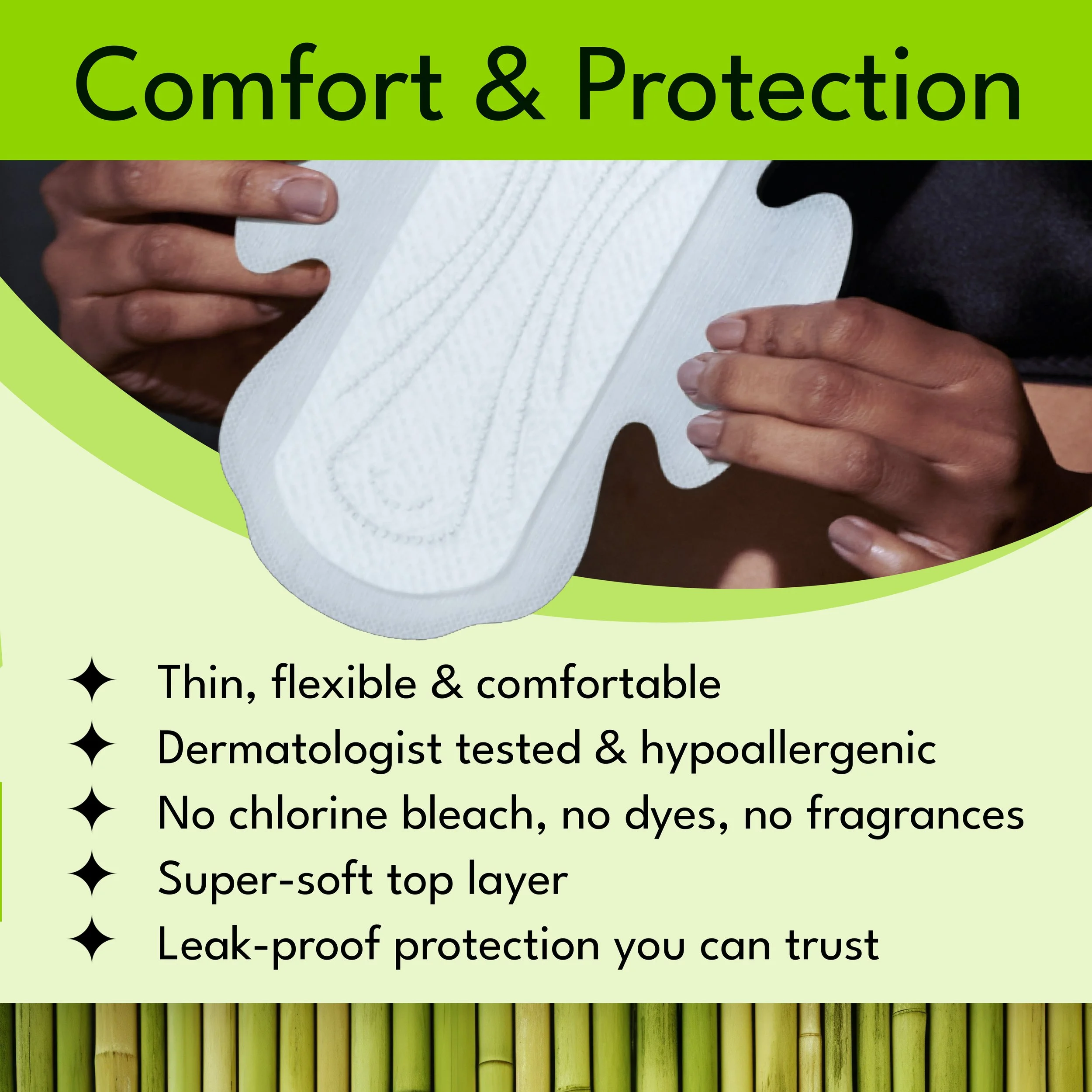 A person holding a white sanitary pad with text about its features, including being thin, flexible, comfortable, dermatologist tested, hypoallergenic, free of chlorine bleach, dyes, and fragrances, with a super-soft top layer and leak-proof protection.