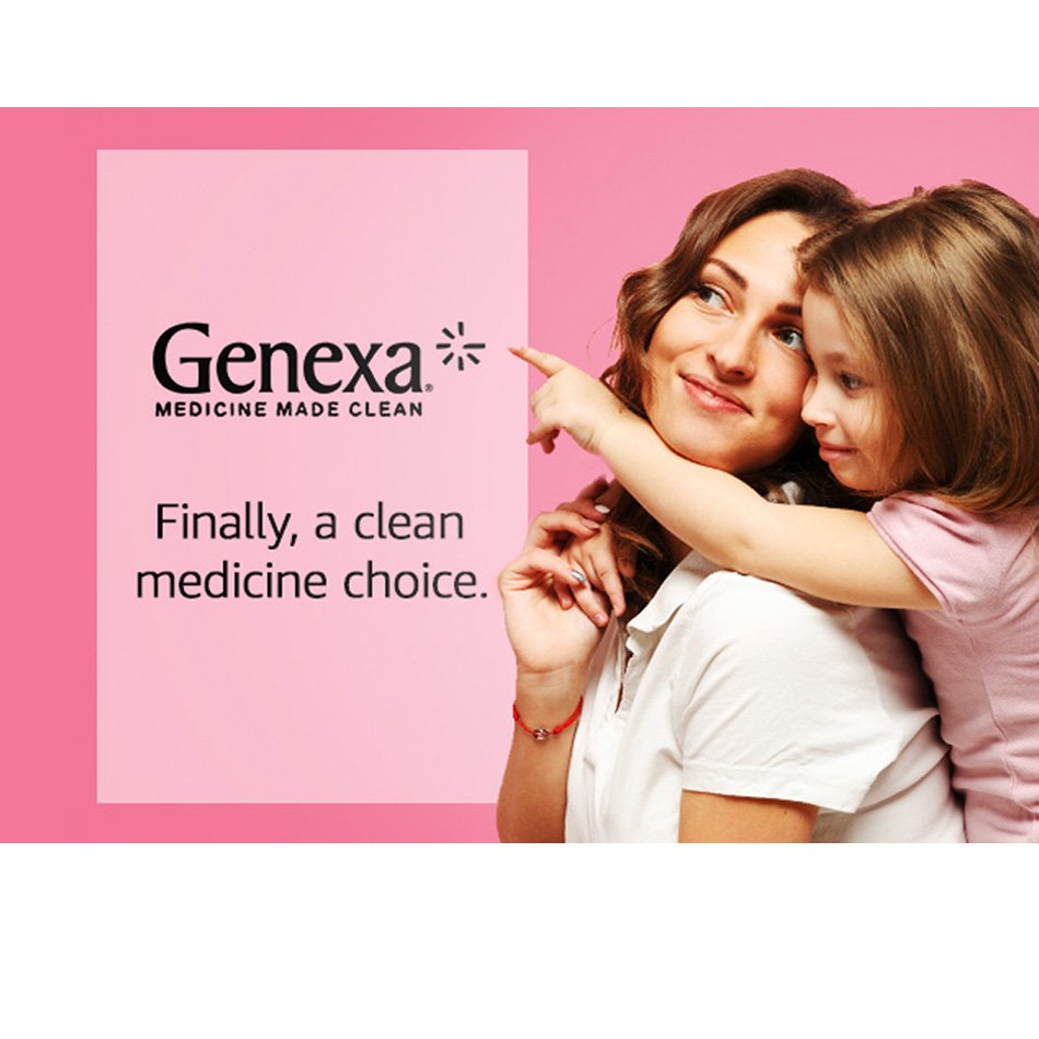 Advertisement for Genexa featuring a smiling woman and child with the text 'Genexa Medicine Made Clean. Finally, a clean medicine choice.' on a pink background.