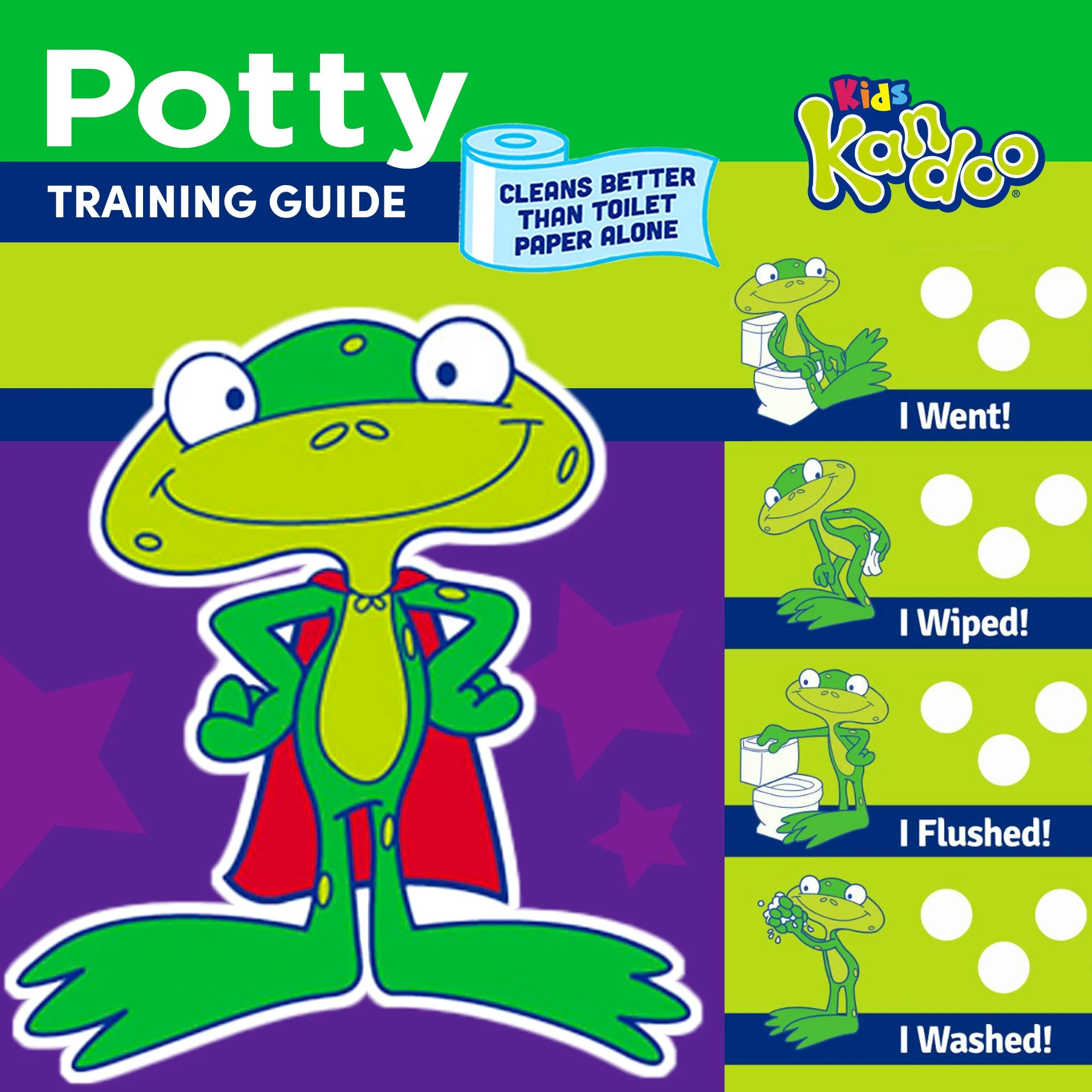 Potty training guide featuring a cartoon frog wearing a cape, promoting Kids Kandoo wipes. Includes steps 'I Went!', 'I Wiped!', 'I Flushed!', and 'I Washed!' with corresponding illustrations.