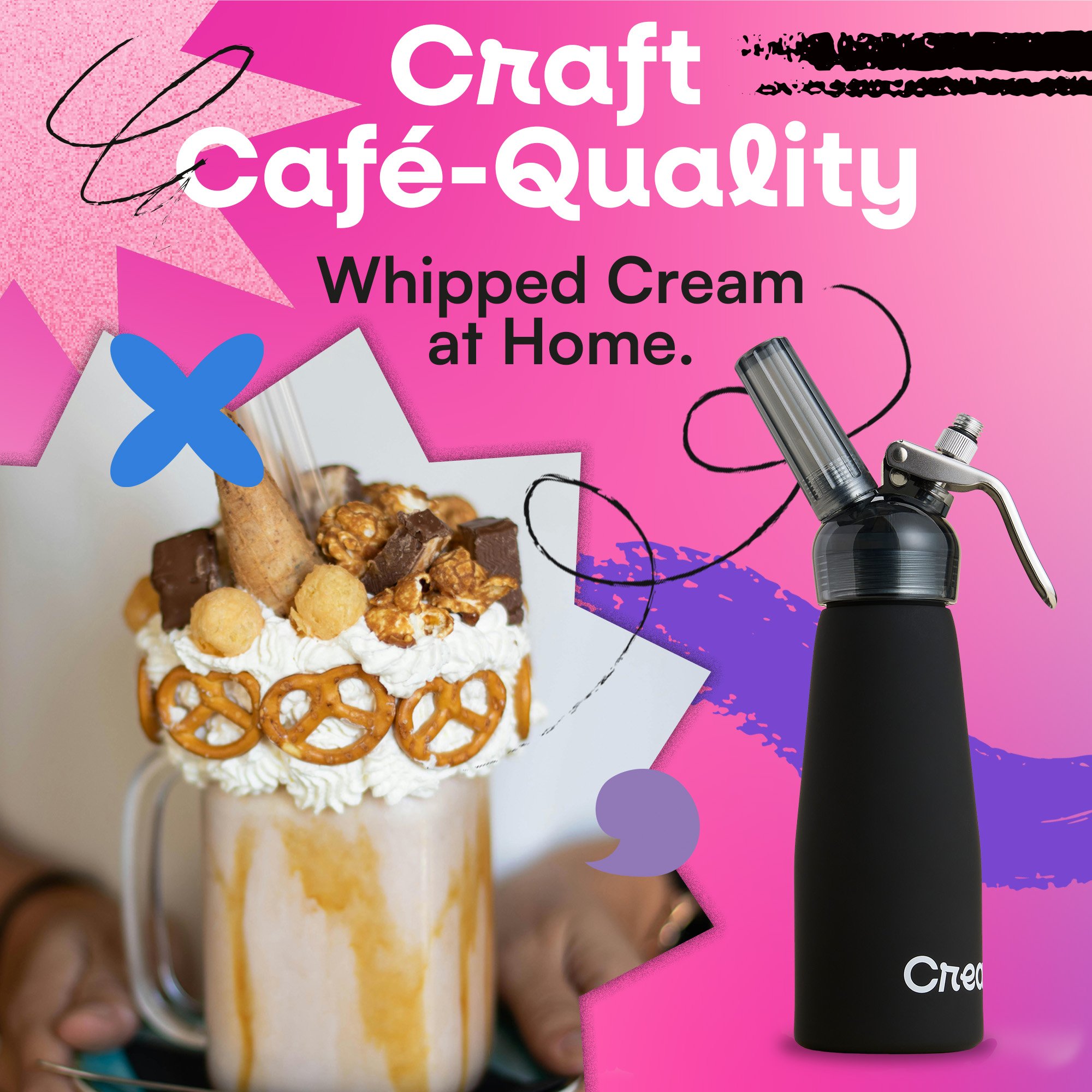 Promotional graphic showing a decadent milkshake topped with whipped cream, pretzels, chocolate, and sweets next to a black whipped cream dispenser. Text reads: "Craft Café-Quality Whipped Cream at Home."