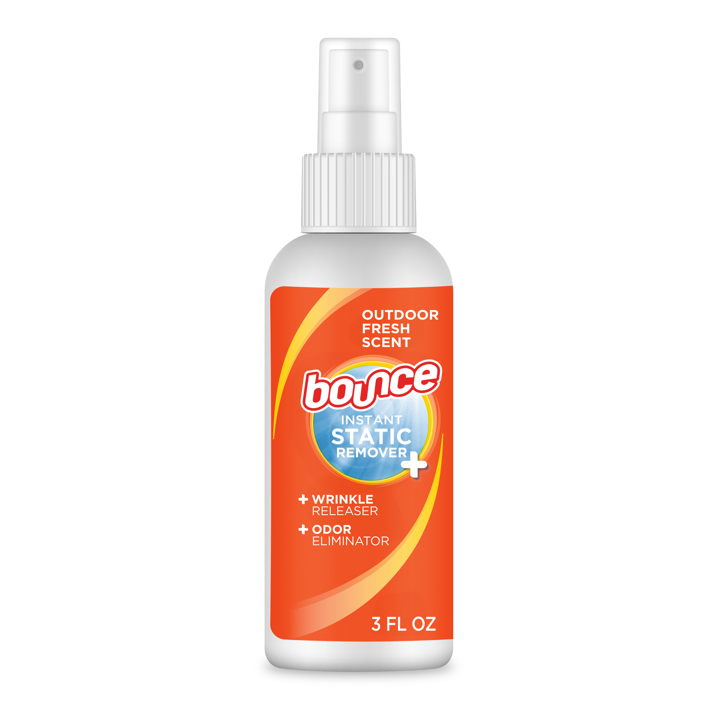 Bounce Instant Static Remover spray bottle with outdoor fresh scent, wrinkle releaser, and odor eliminator, 3 fl oz.