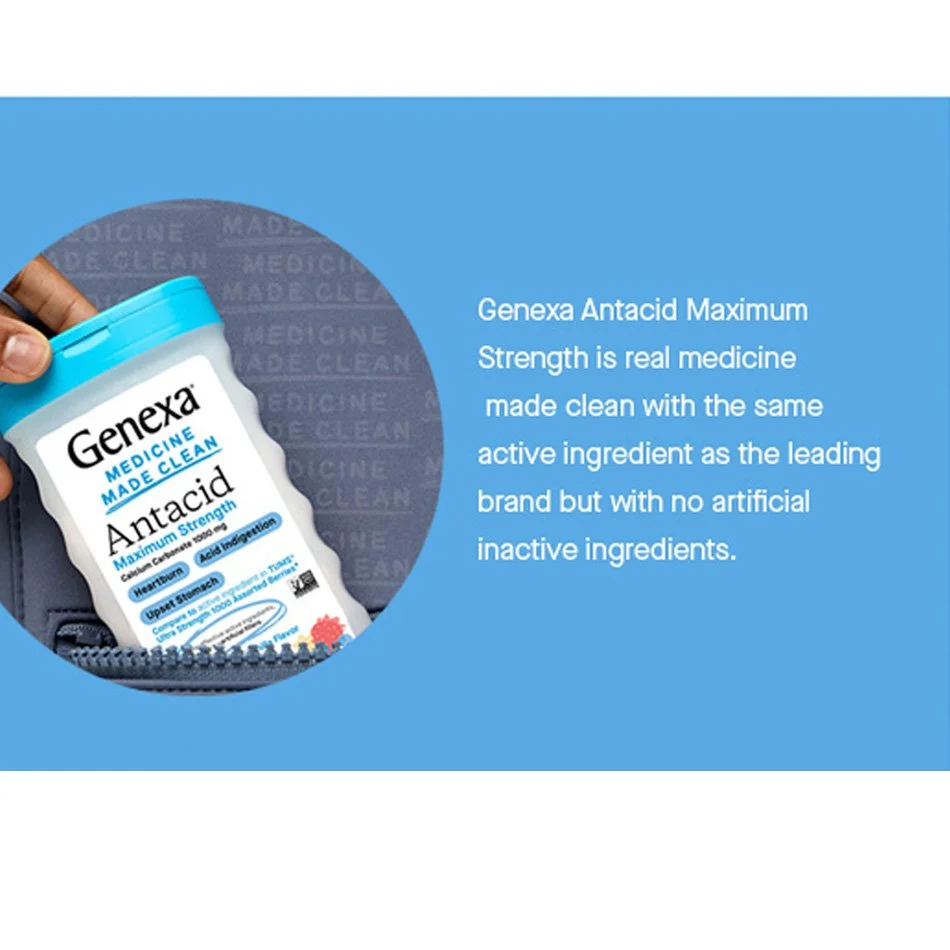 Person holding a bottle of Genexa Antacid Maximum Strength with text describing it as having the same active ingredient as leading brands but without artificial inactive ingredients.