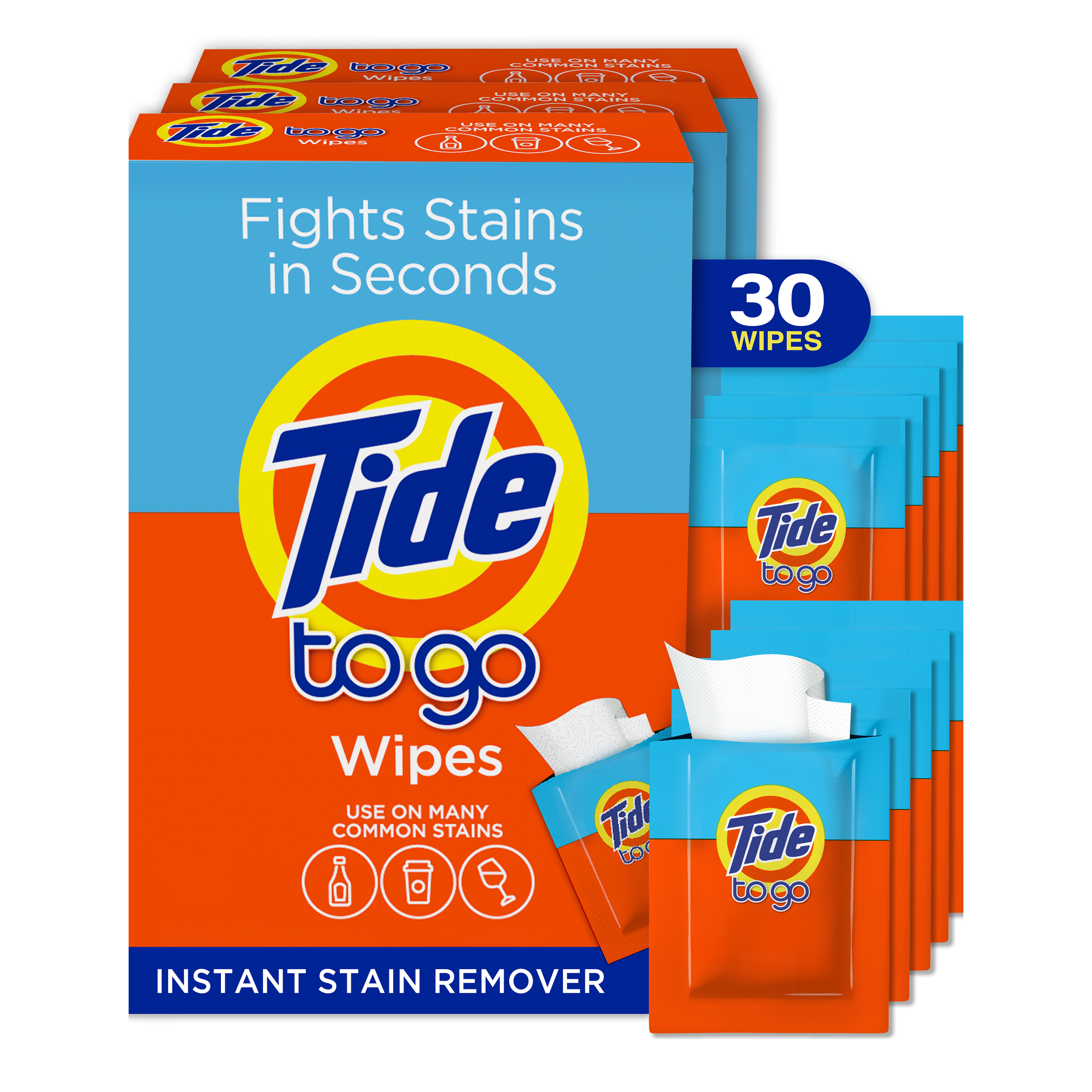 Tide to Go Wipes packaging showing 30 wipes, featuring a design with red, orange, and blue colors, and the text 'Fights Stains in Seconds' and 'Instant Stain Remover.'