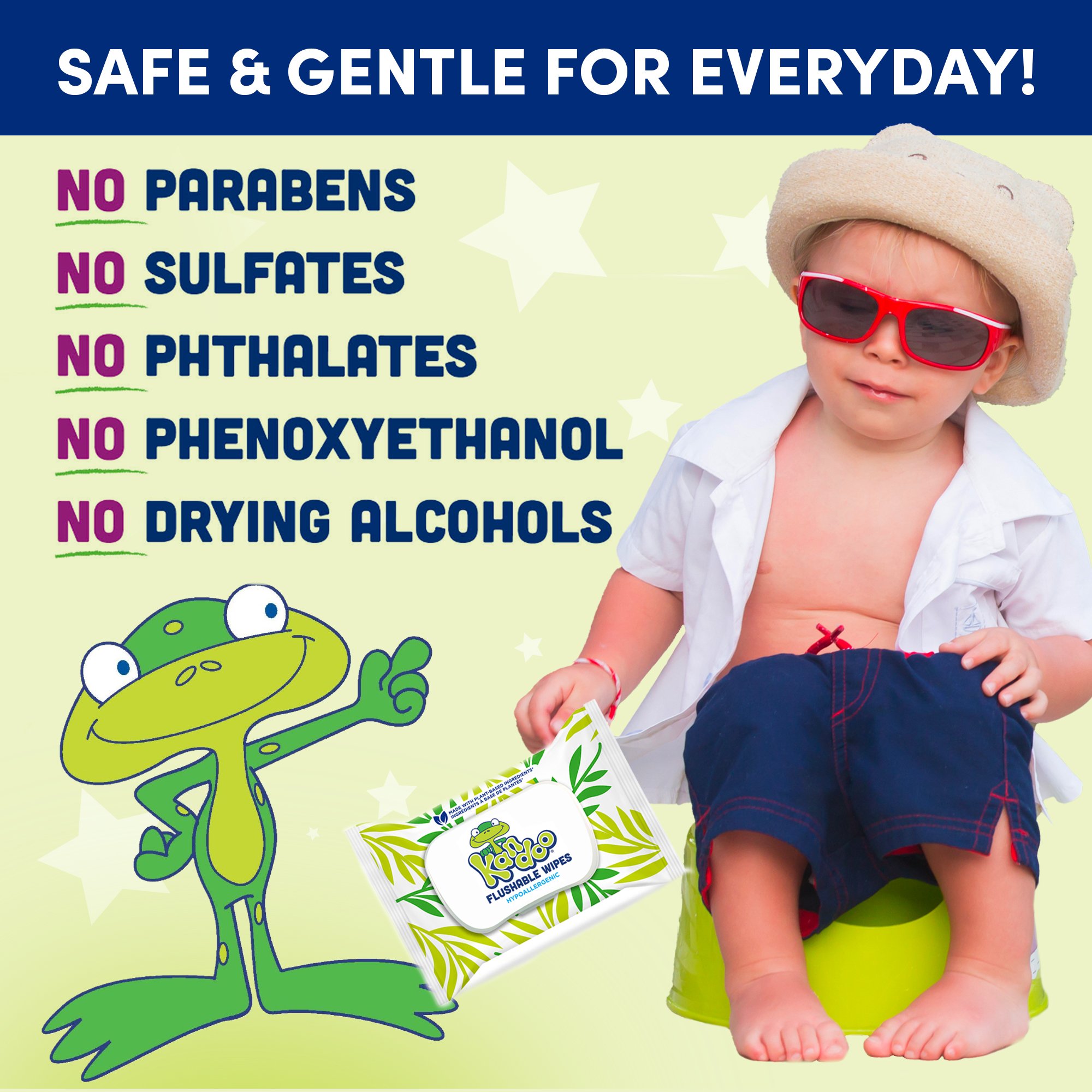 Promo for kids' wipes featuring minimal ingredients, a toddler in sunglasses, and a cartoon frog character.